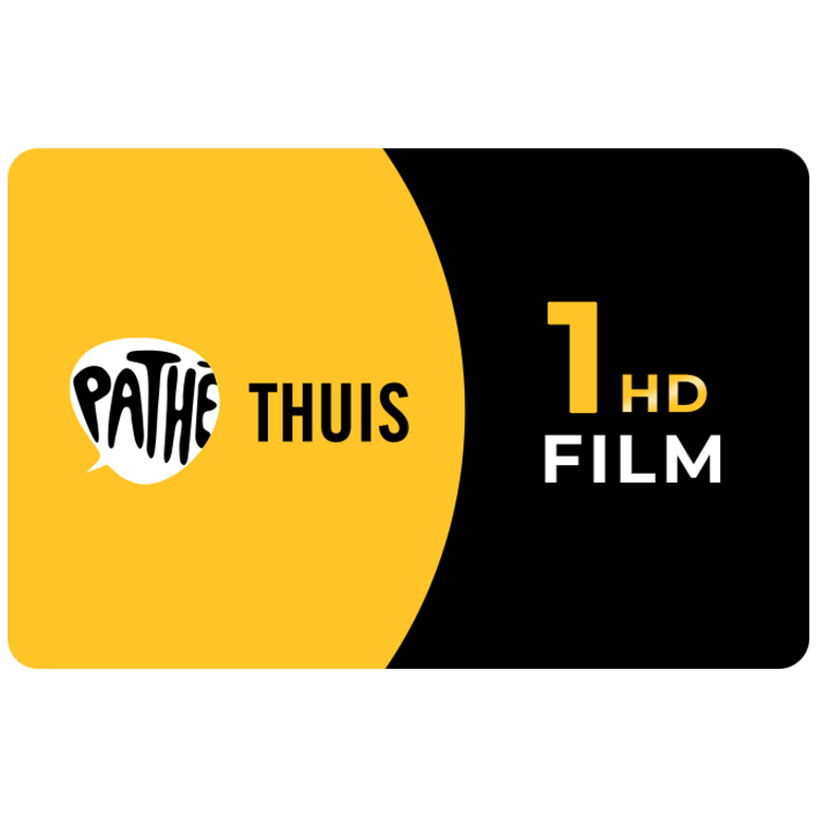 Digitale cadeaukaart van Pathé Thuis met een zwart en geel ontwerp. Op de kaart staan het Pathé Thuis-logo en de tekst “1 HD FILM”.