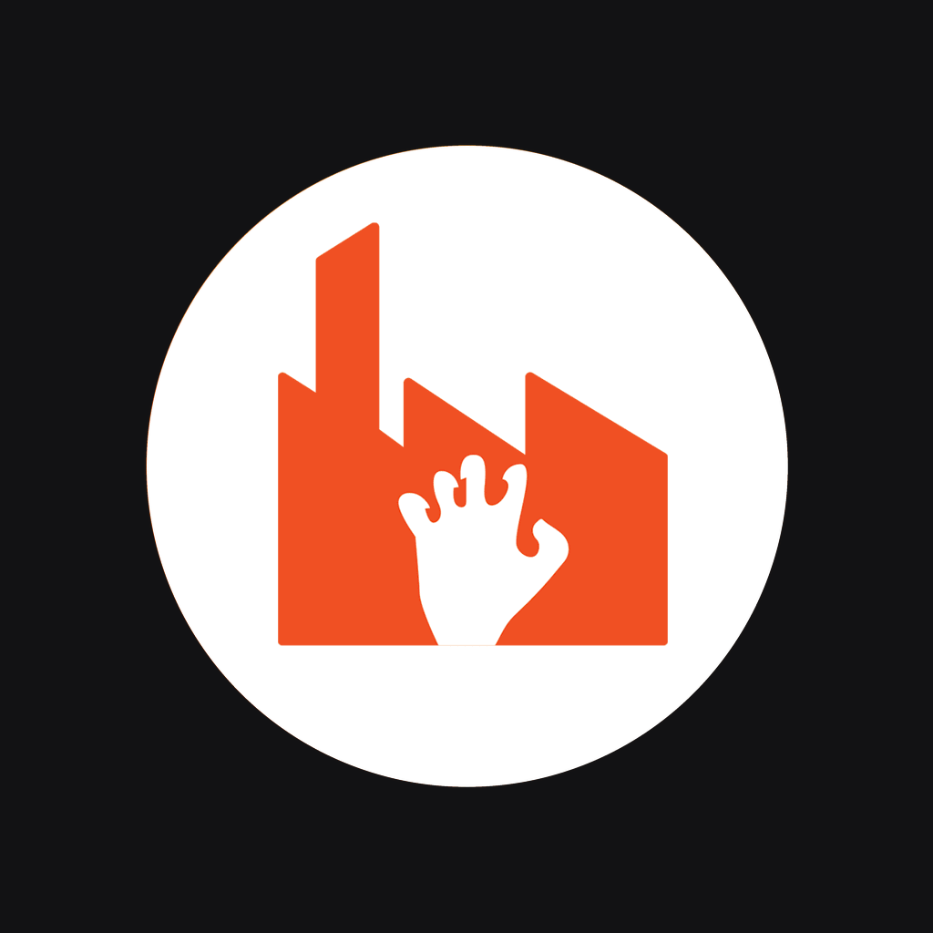 Een oranje pictogram van een fabriek met een hand ervoor staat in een witte cirkel op een zwarte achtergrond.