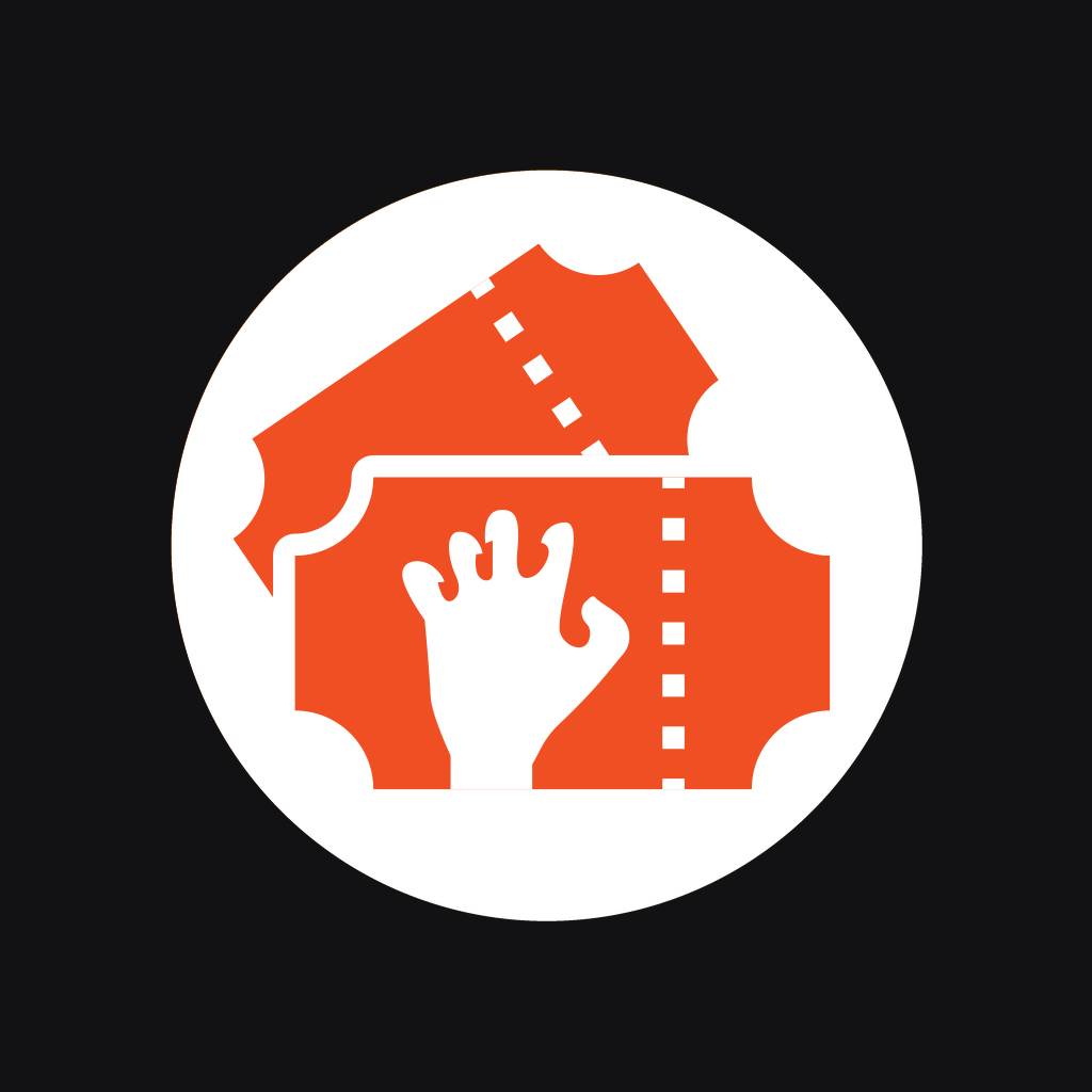 Een oranje pictogram van twee tickets met een hand ervoor staat in een witte cirkel op een zwarte achtergrond.