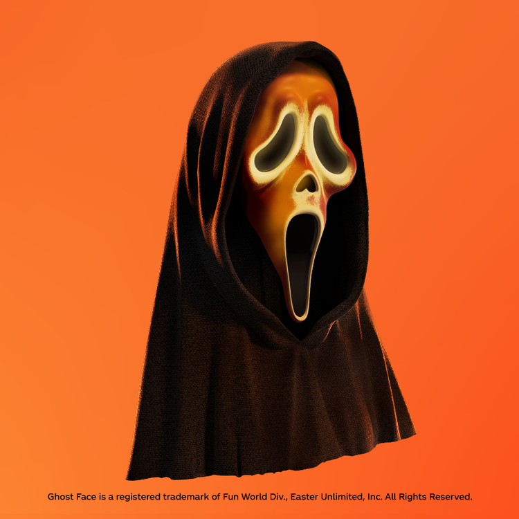 Een spookachtig figuur met een zwart gewaad en een langgerekt wit masker met een schreeuwende uitdrukking staat tegen een feloranje achtergrond. Onderaan staat kleine copyrighttekst.