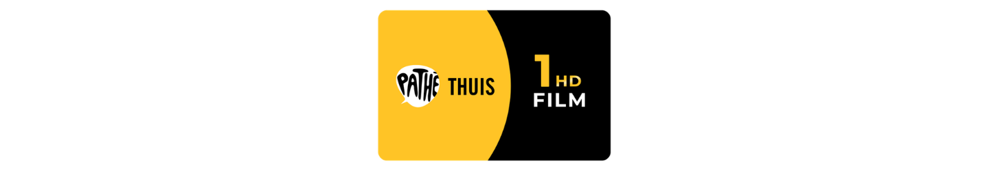 Digitale cadeaukaart van Pathé Thuis met een zwart en geel ontwerp. Op de kaart staan het Pathé Thuis-logo en de tekst “1 HD FILM”.