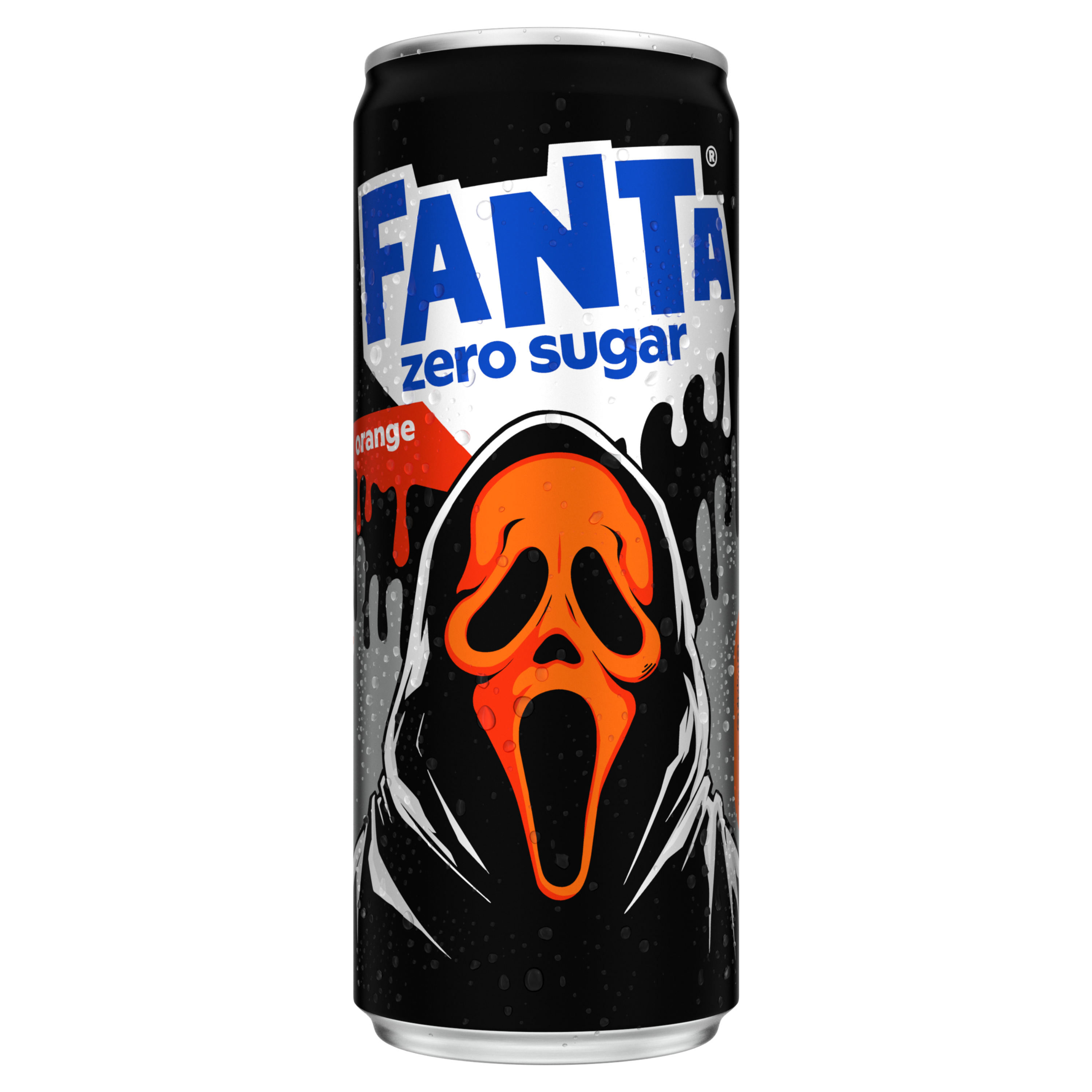 Blikje Fanta Orange Zero Sugar met Halloween-illustratie van een schreeuwmasker.