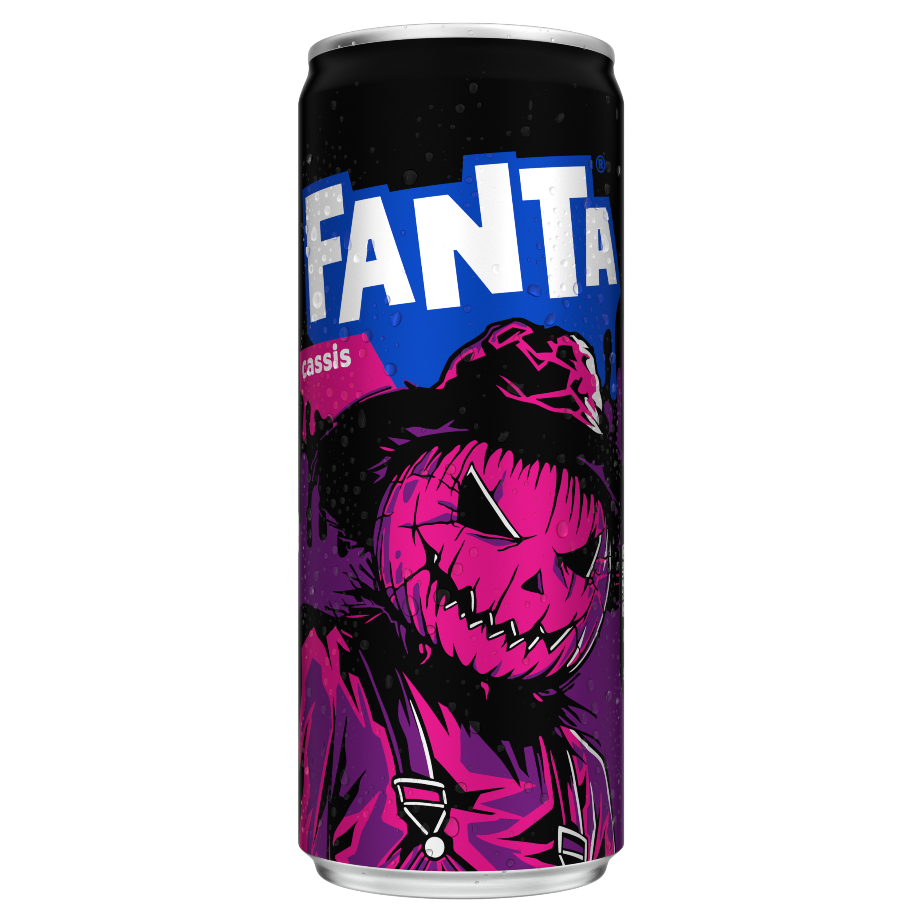 Afbeelding van een paarse blik Fanta Cassis met etiket waarop het Fanta-logo en illustraties van druiven en zwarte bessen te zien zijn.