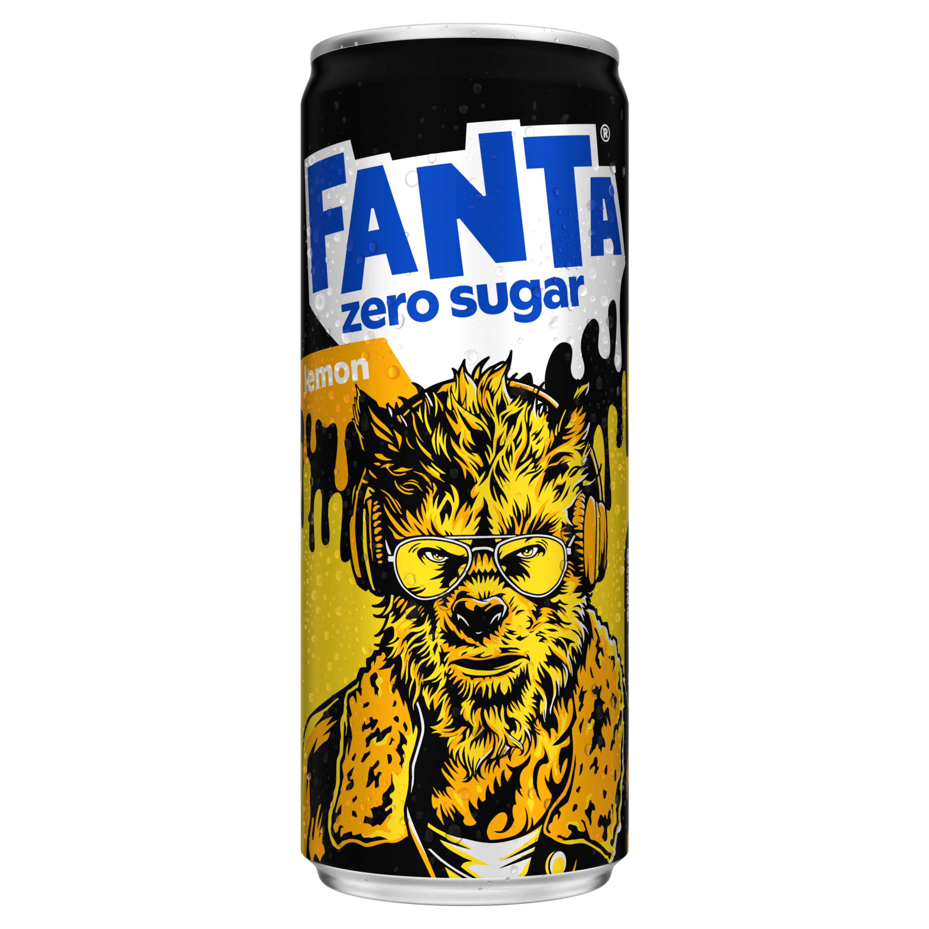 Afbeelding van een gele blikje Fanta citroen Zero Sugar frisdrank van 1,5 liter, met een transparante dop en een geel etiket waarop het Fanta-logo, de tekst "zero sugar" en een afbeelding van een citroen te zien zijn.