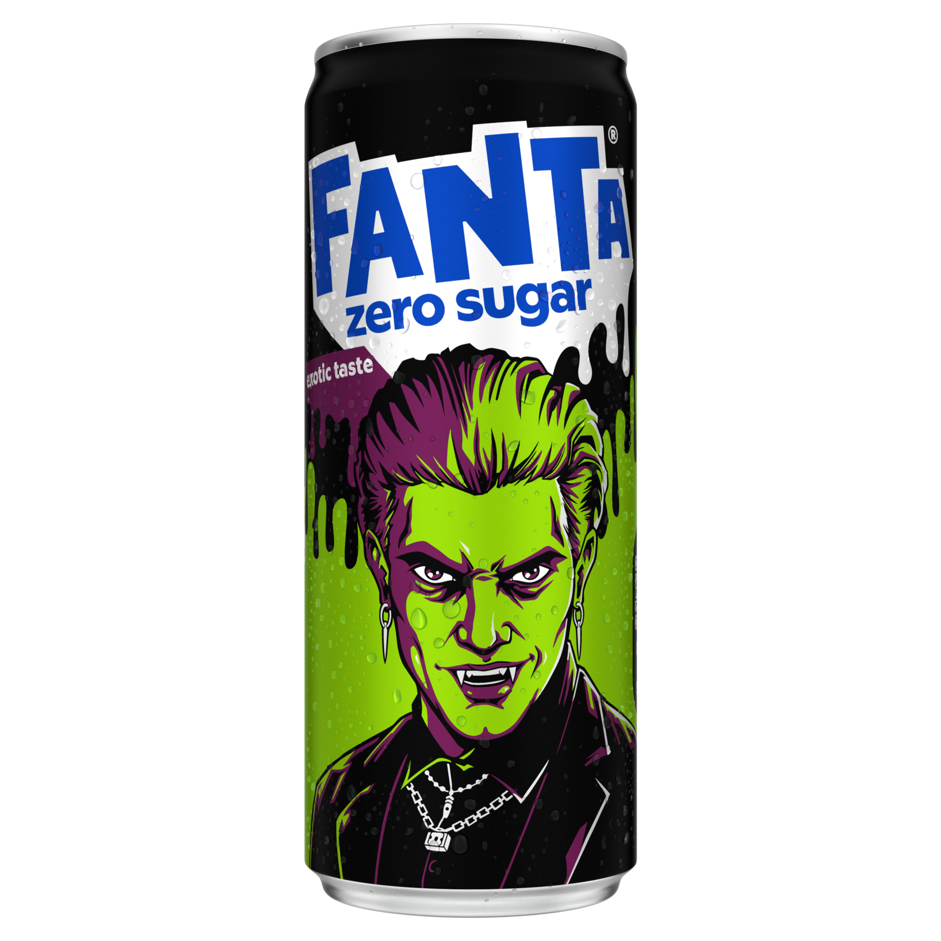 Afbeelding van een blikje Fanta Exotic Taste Zero Sugar frisdrank met sinaasappel- en passievruchtensmaak van 1,5 liter, met een transparante dop en een groen etiket waarop het Fanta-logo, de tekst "zero sugar" en afbeeldingen van een sinaasappelpartje en een passievrucht te zien zijn.