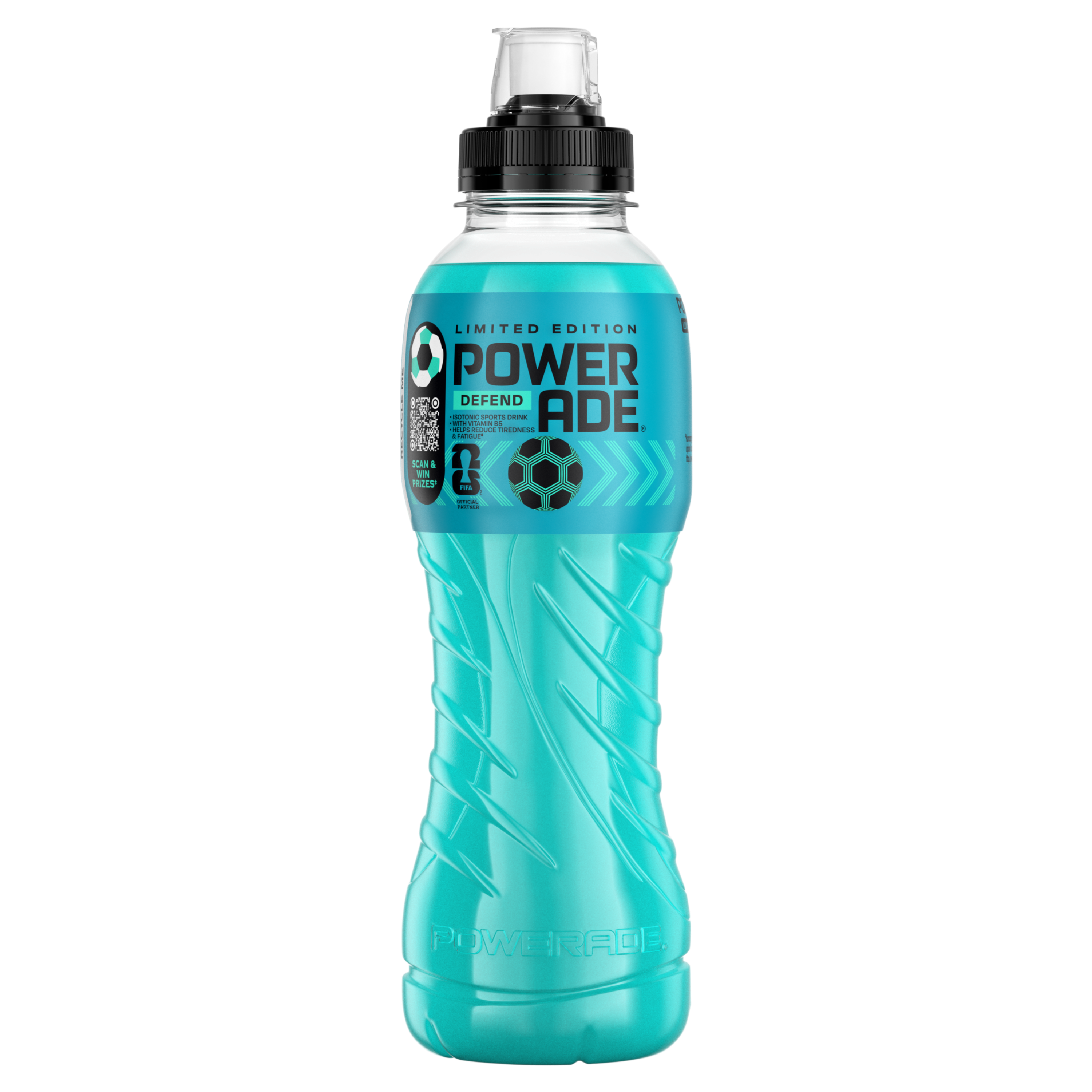 Een fles blauwe Powerade-sportdrank met het etiket "Powerade Mountain Blast" en een sportdop.