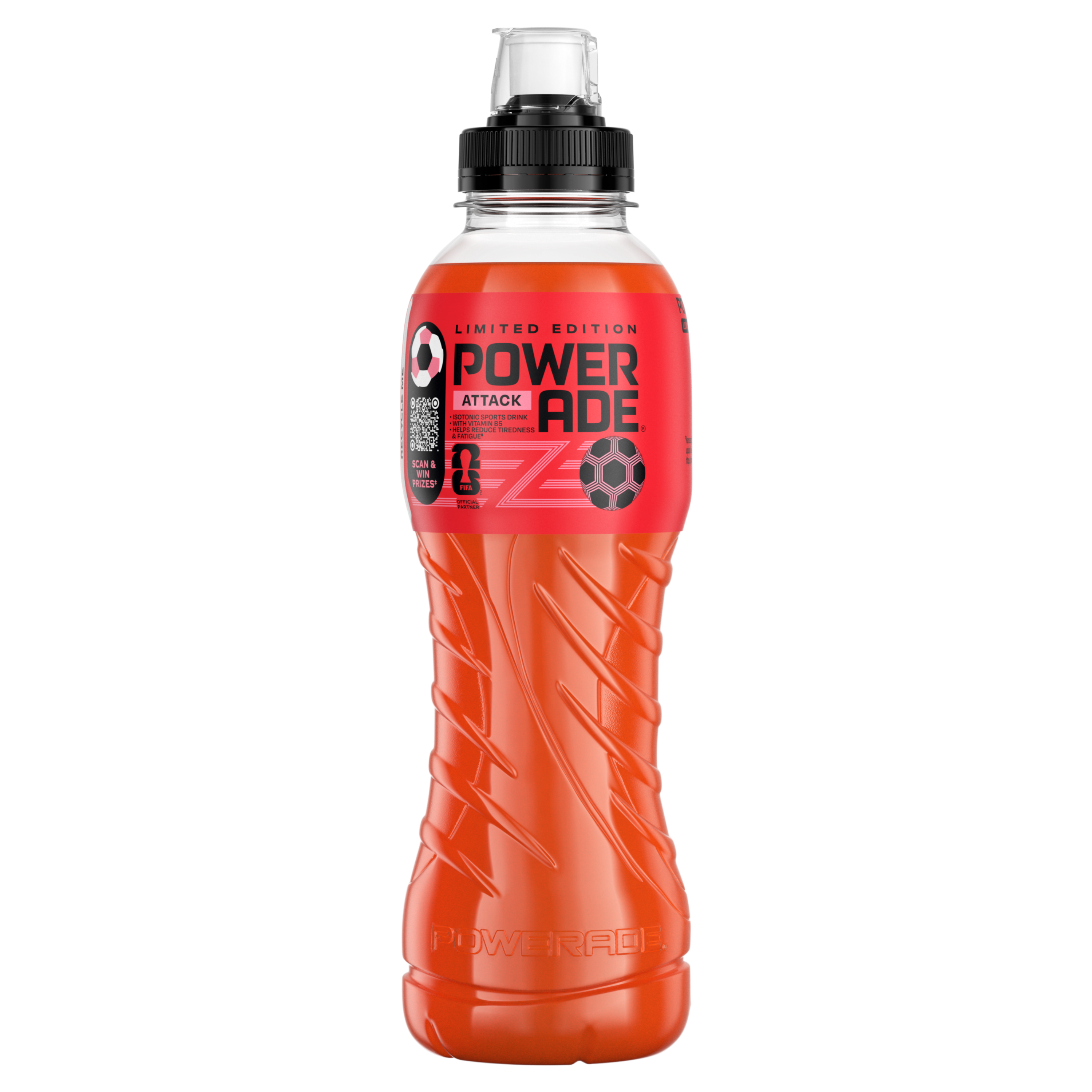 Een fles blauwe Powerade-sportdrank met het etiket "Powerade Mountain Blast" en een sportdop.
