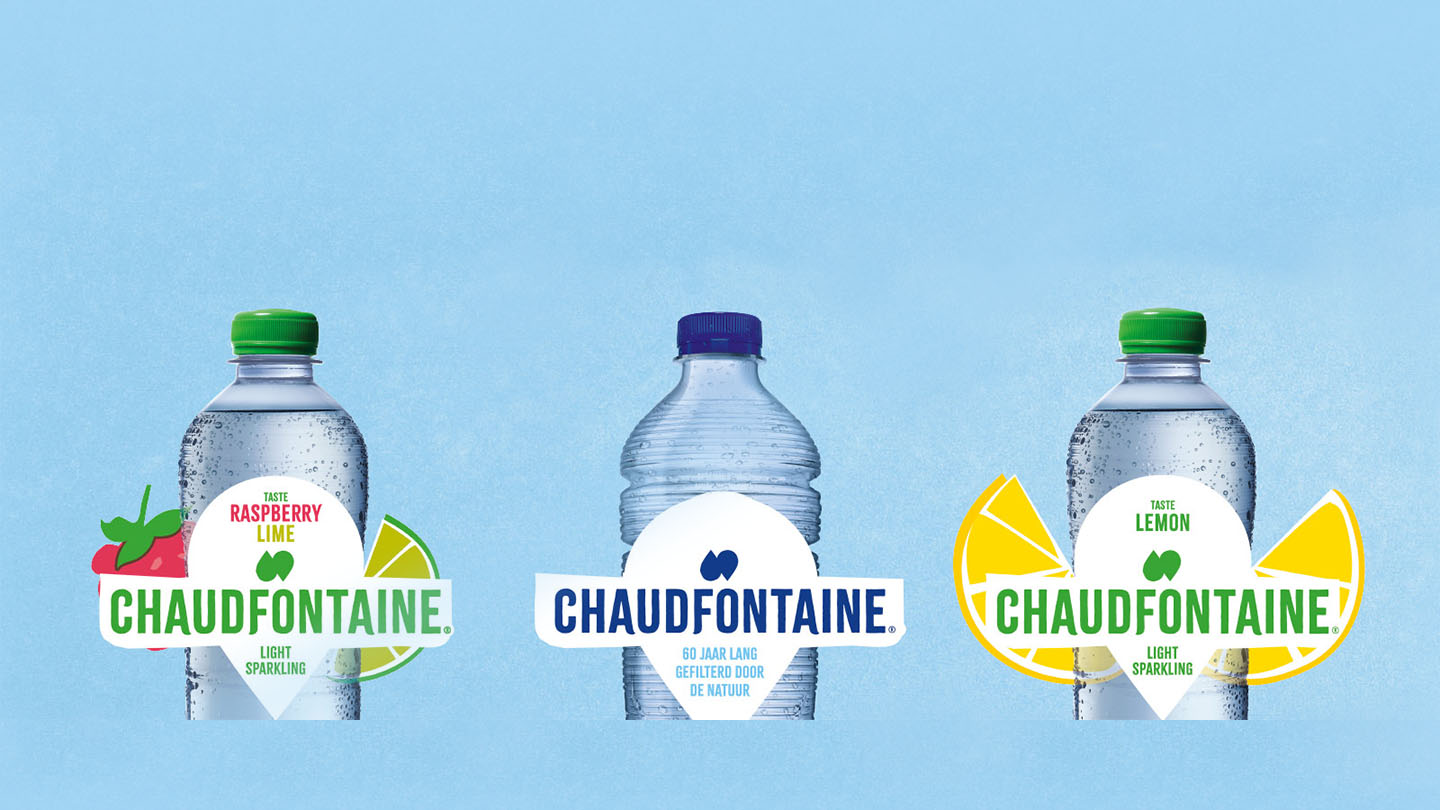 Een banner afbeelding met drie smaken Chaudfontaine-natuurlijk mineraalwater