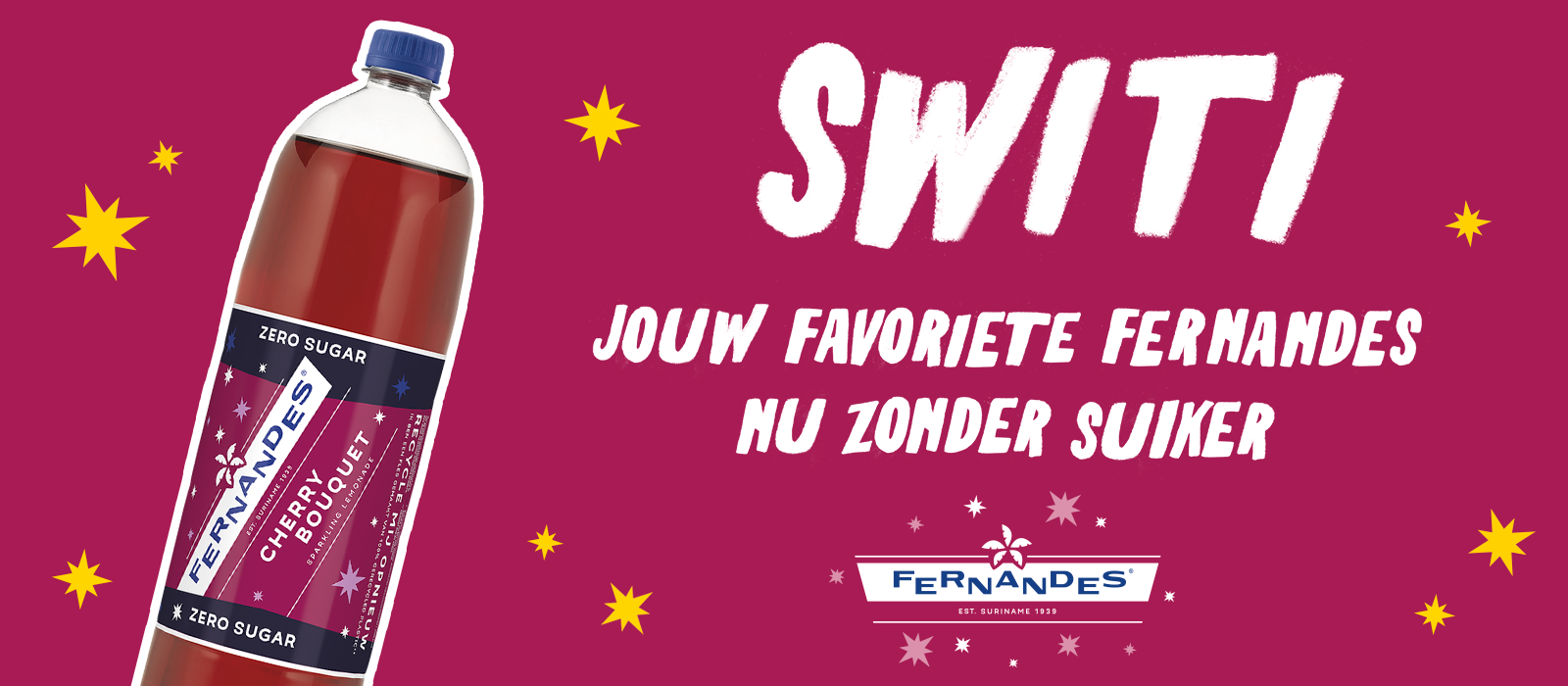 Een roze bannerafbeelding met SWITI Fernandes-drankje