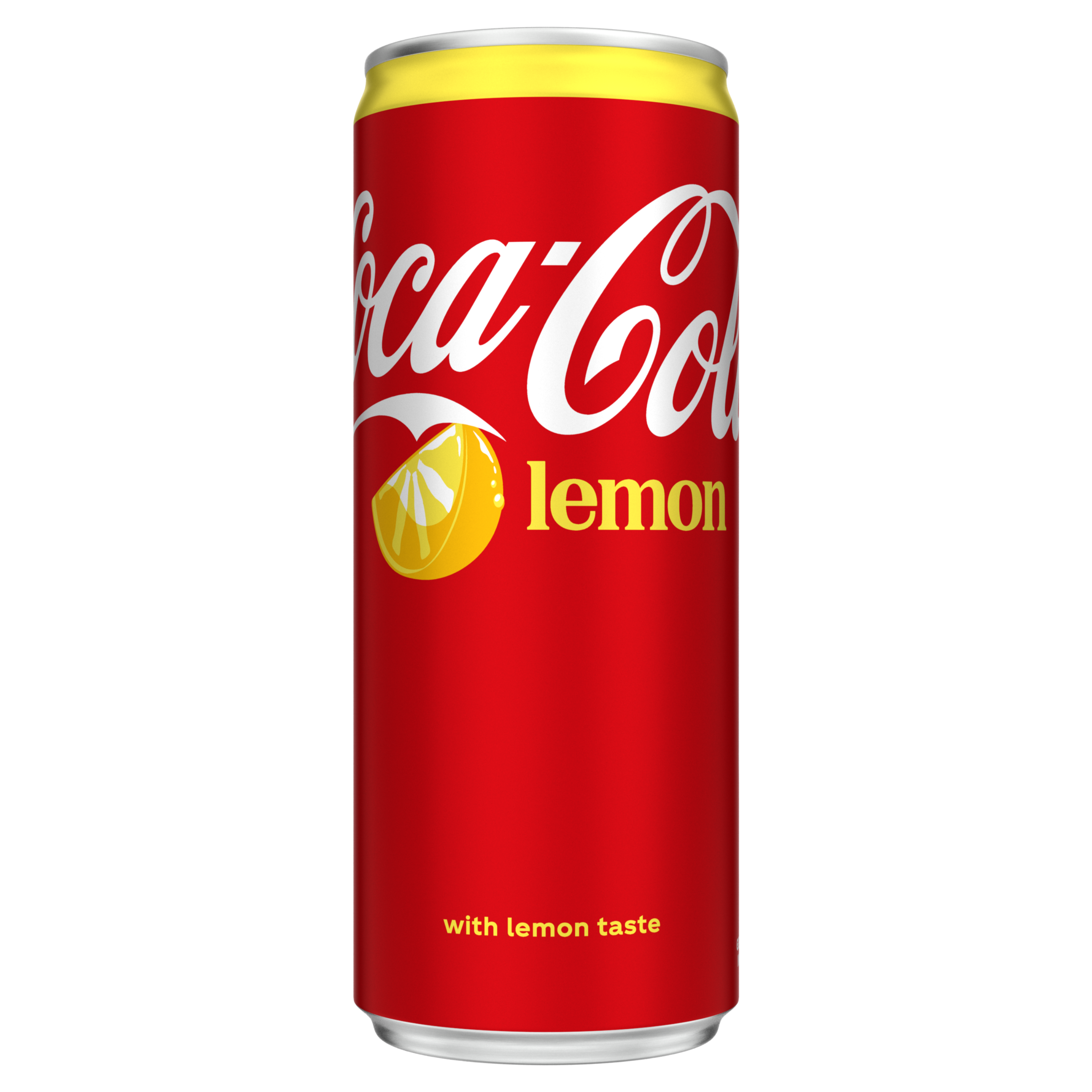 Rood blikje Coca-Cola Lemon met een gele bovenrand. Op de voorkant staat het zwarte Coca-Cola-logo, de tekst "zero sugar" in zwarte letters en "lemon" in gele letters. Daarnaast staat een afbeelding van een gele citroenpart. Onderaan staat in kleine gele letters "with lemon taste".