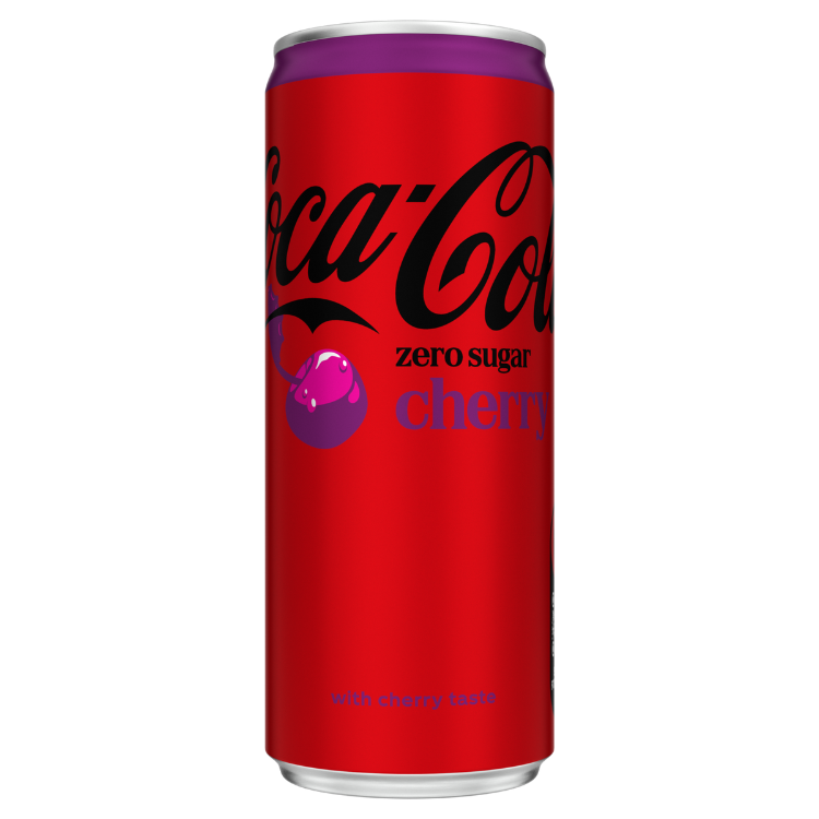 cocacolacherryzerosugar - 1 Rood blikje Coca-Cola Zero Sugar Cherry met een paarse bovenrand. Op de voorkant staat het zwarte Coca-Cola-logo, de tekst "zero sugar" in zwarte letters en "cherry" in paarse letters. Daarnaast staat een afbeelding van een paarse kers met steeltje. Onderaan in kleine paarse letters staat "with cherry taste".