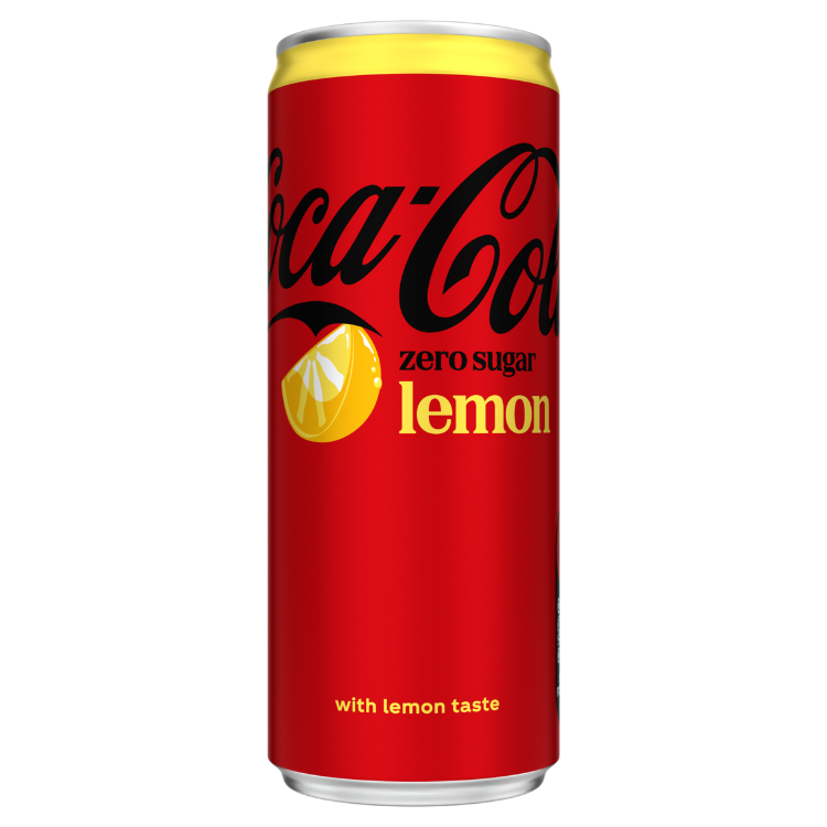 cocacolalemonzerosugar - 1 Rood blikje Coca-Cola Zero Sugar Lemon met een gele bovenrand. Op de voorkant staat het zwarte Coca-Cola-logo, de tekst "zero sugar" in zwarte letters en "lemon" in gele letters. Daarnaast staat een afbeelding van een gele citroenpart. Onderaan staat in kleine gele letters "with lemon taste".