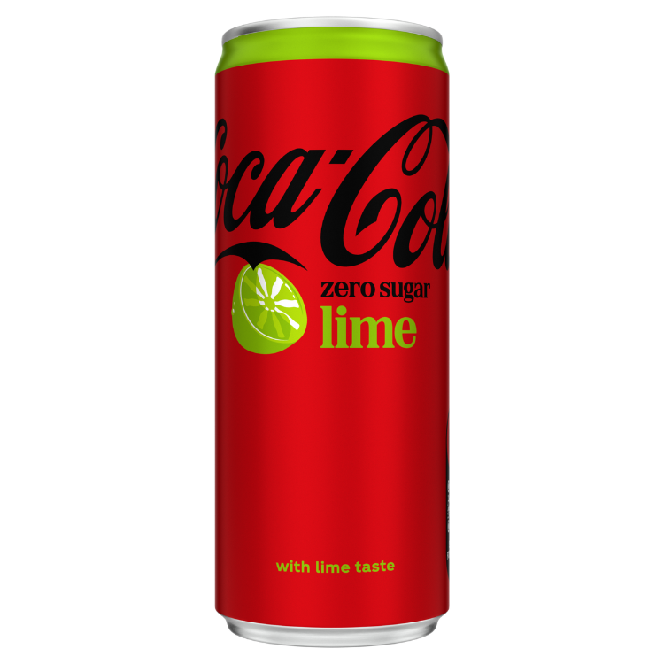cocacolalimezerosugar - 1 Rood blikje Coca-Cola Zero Sugar Lime met een felgroene bovenrand. Op de voorkant staat het zwarte Coca-Cola-logo, de tekst "zero sugar" in zwarte letters en "lime" in felgroene letters. Daarnaast staat een afbeelding van een groene limoenpart. Onderaan staat in kleine felgroene letters "with lime taste".