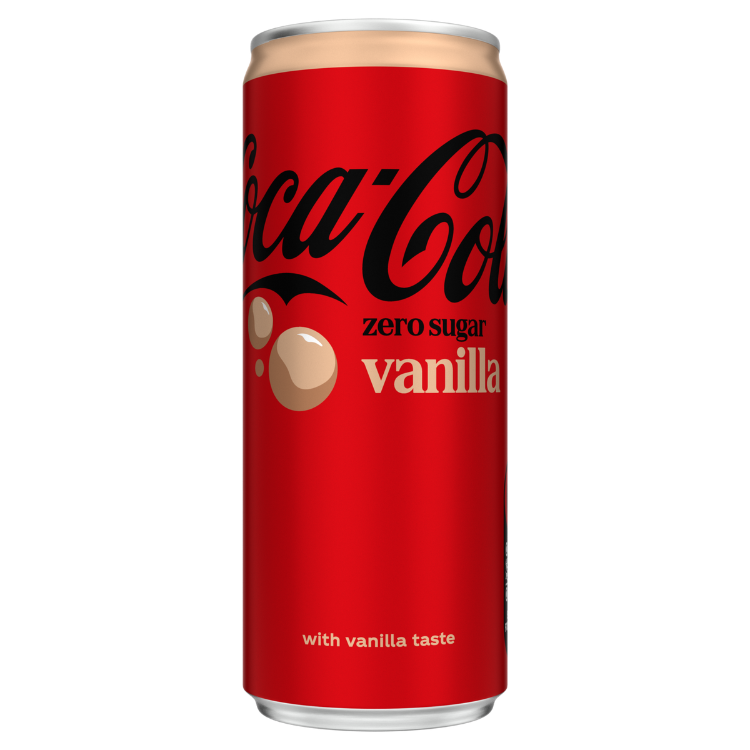 cocacolavanillazerosugar - 1 Rood blikje Coca-Cola Zero Sugar Vanilla met een beige bovenrand. Op de voorkant staat het zwarte Coca-Cola-logo, de tekst "zero sugar" in zwarte letters en "vanilla" in beige letters. Daarnaast staan twee beige vanillebubbels afgebeeld. Onderaan staat in kleine beige letters "with vanilla taste".