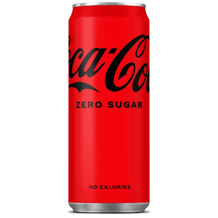 Een rood blikje Coca-Cola Cherry met paarsgekleurde accenten aan de bovenrand. Op de voorkant staat het witte Coca-Cola-logo, het woord "cherry" in paarse letters, en een afbeelding van een paarse kers met een steeltje. Onderaan staat in kleine paarse letters “with cherry taste”.