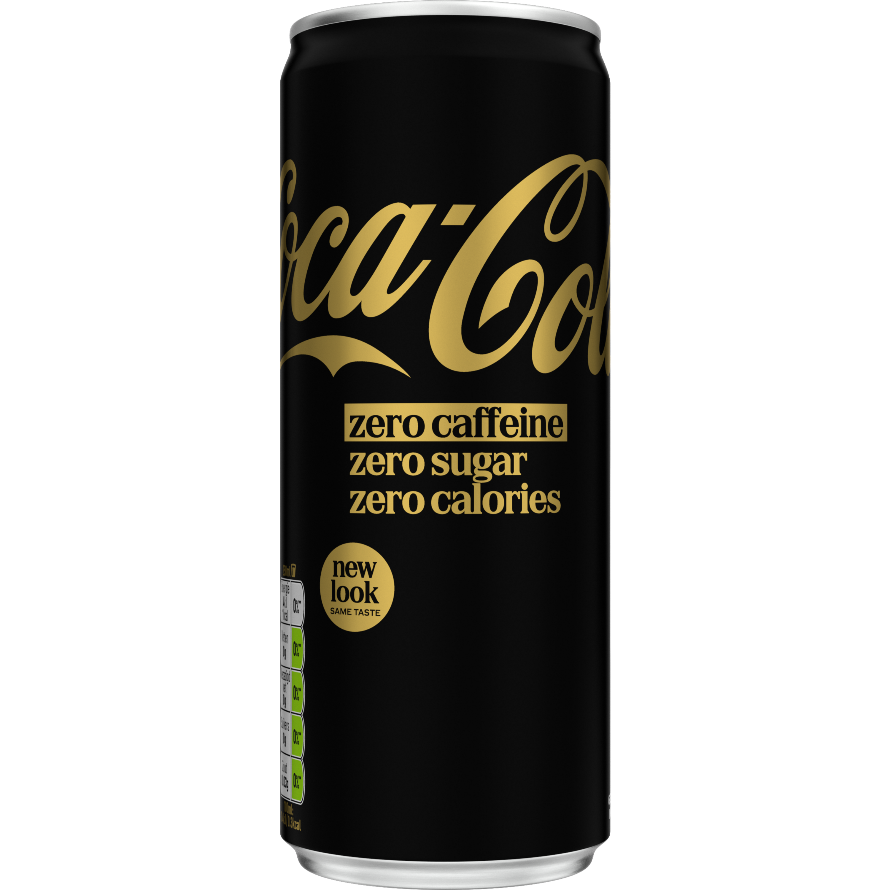 Zwarte Coca‑Cola Zero Caffeine Free blik van 250 ml met goudkleurig Coca‑Cola‑logo en de tekst “zero caffeine, zero sugar, zero calories”.