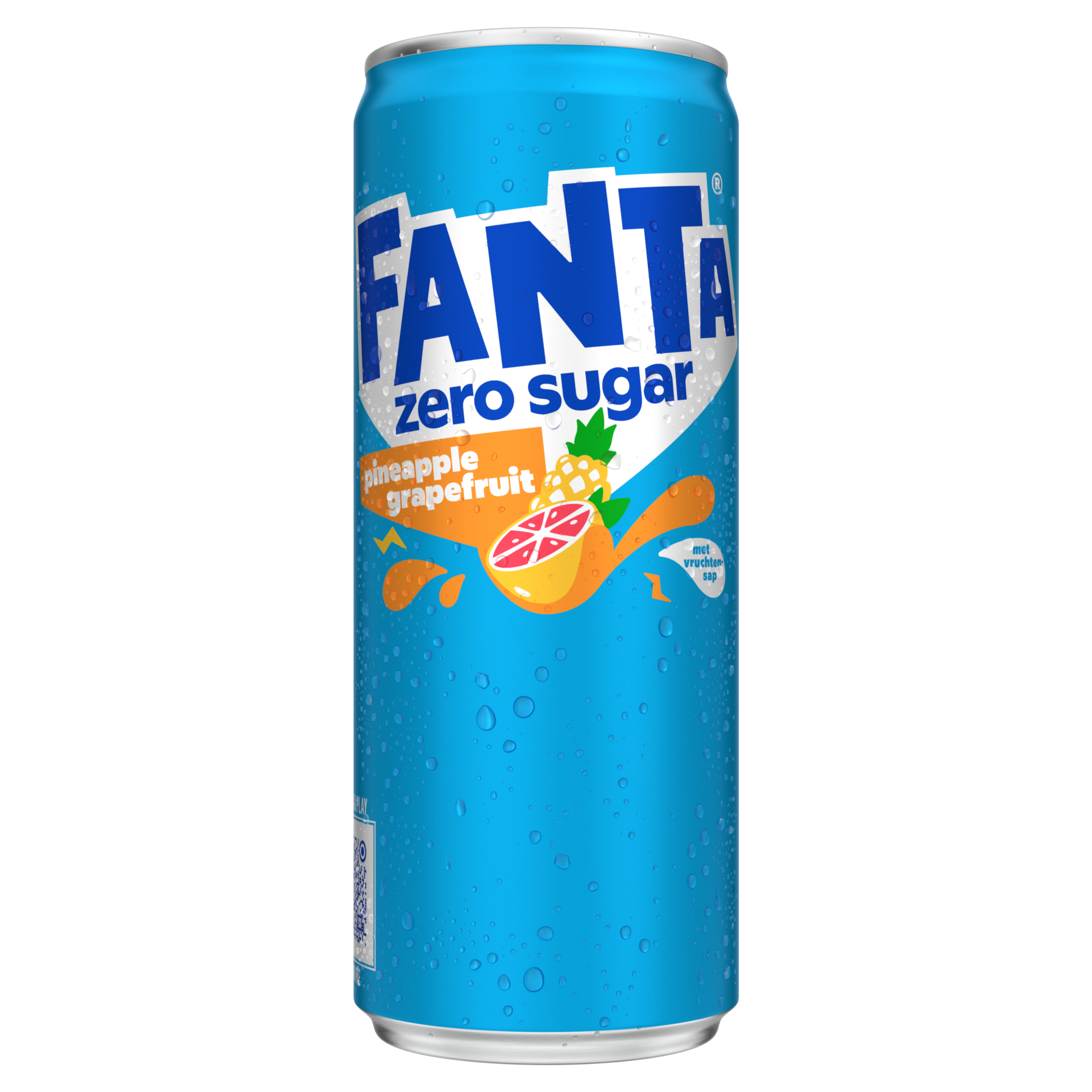 Plastic fles Fanta Zero Sugar Pineapple Grapefruit met roze frisdrank, voorzien van een etiket in blauw, wit en roze met de tekst “Fanta zero sugar” en een illustratie van een grapefruit.