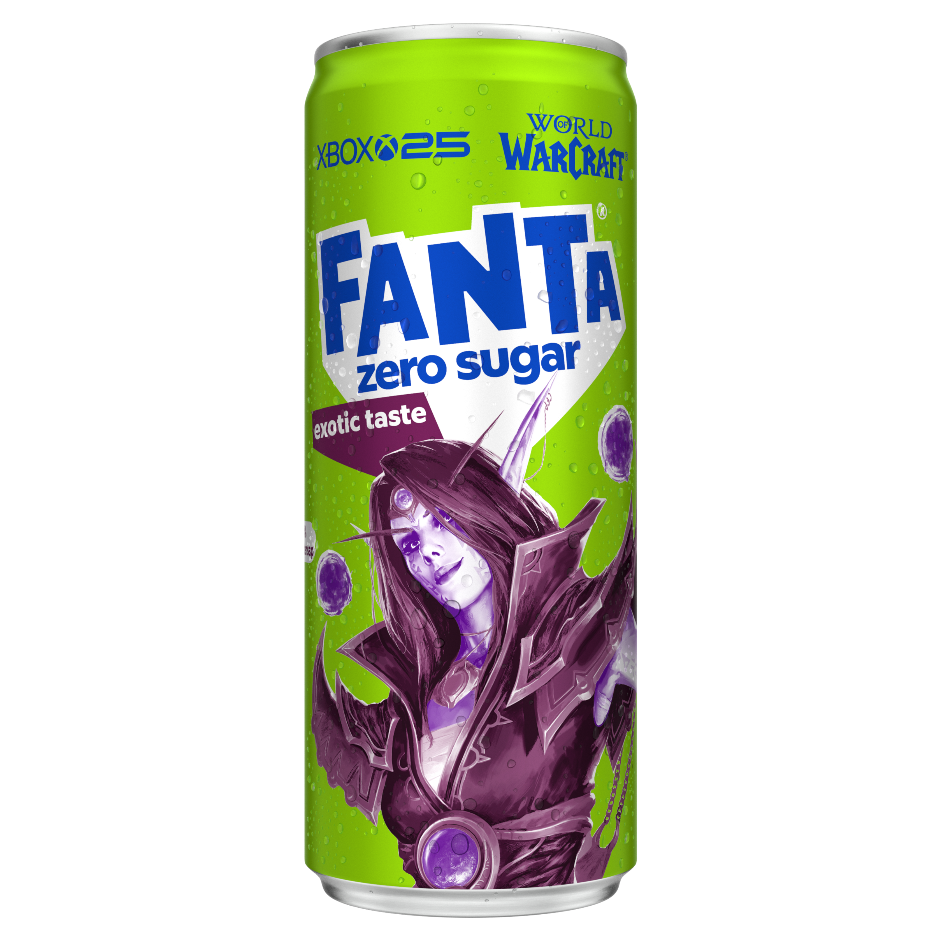 Afbeelding van een oranje kunststof fles Fanta Exotic Taste Zero Sugar frisdrank met sinaasappel- en passievruchtensmaak van 1,5 liter, met een transparante dop en een groen etiket waarop het Fanta-logo, de tekst "zero sugar" en afbeeldingen van een sinaasappelpartje en een passievrucht te zien zijn.