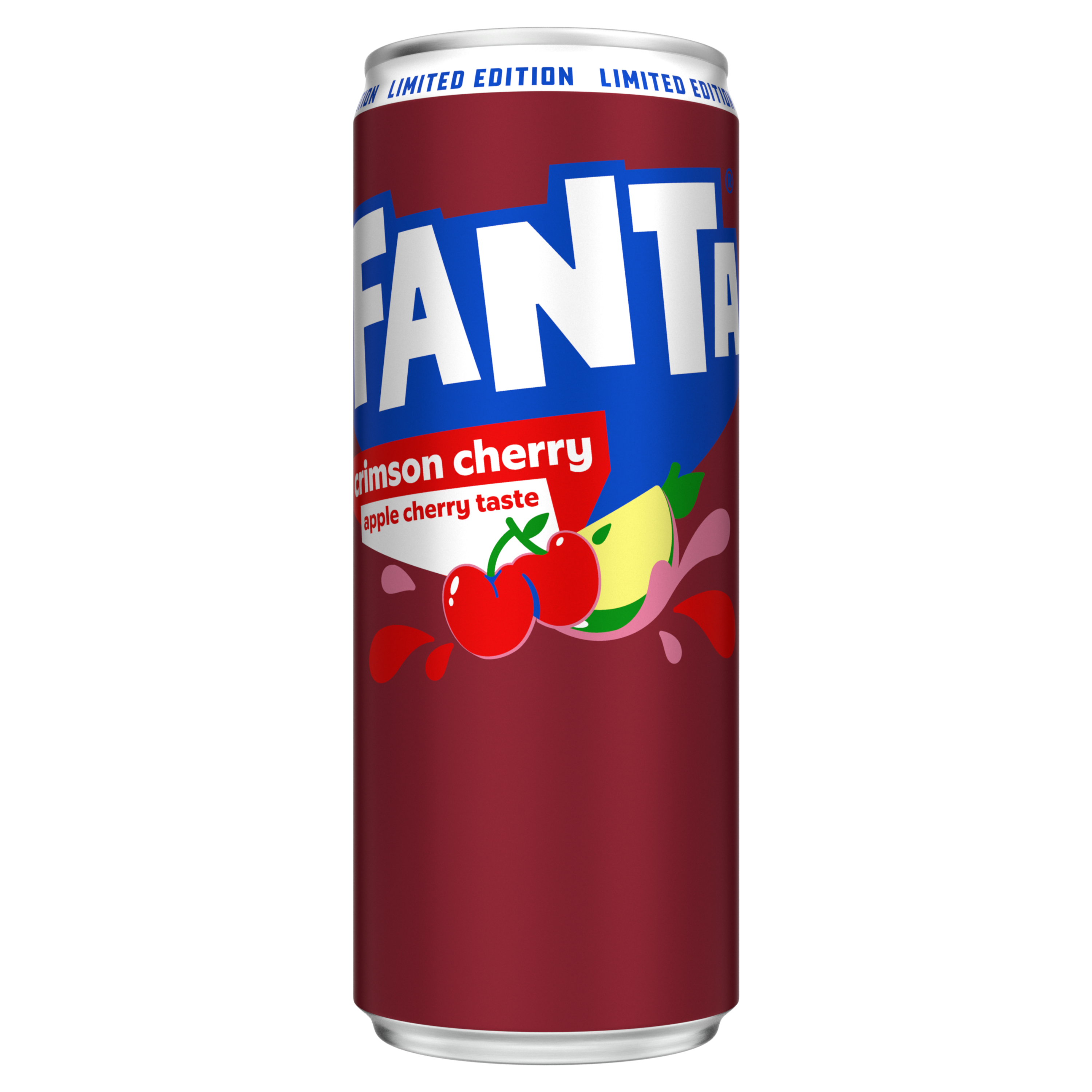 Blikje Fanta Crimson Cherry limited edition met appel-kersensmaak op een witte achtergrond.