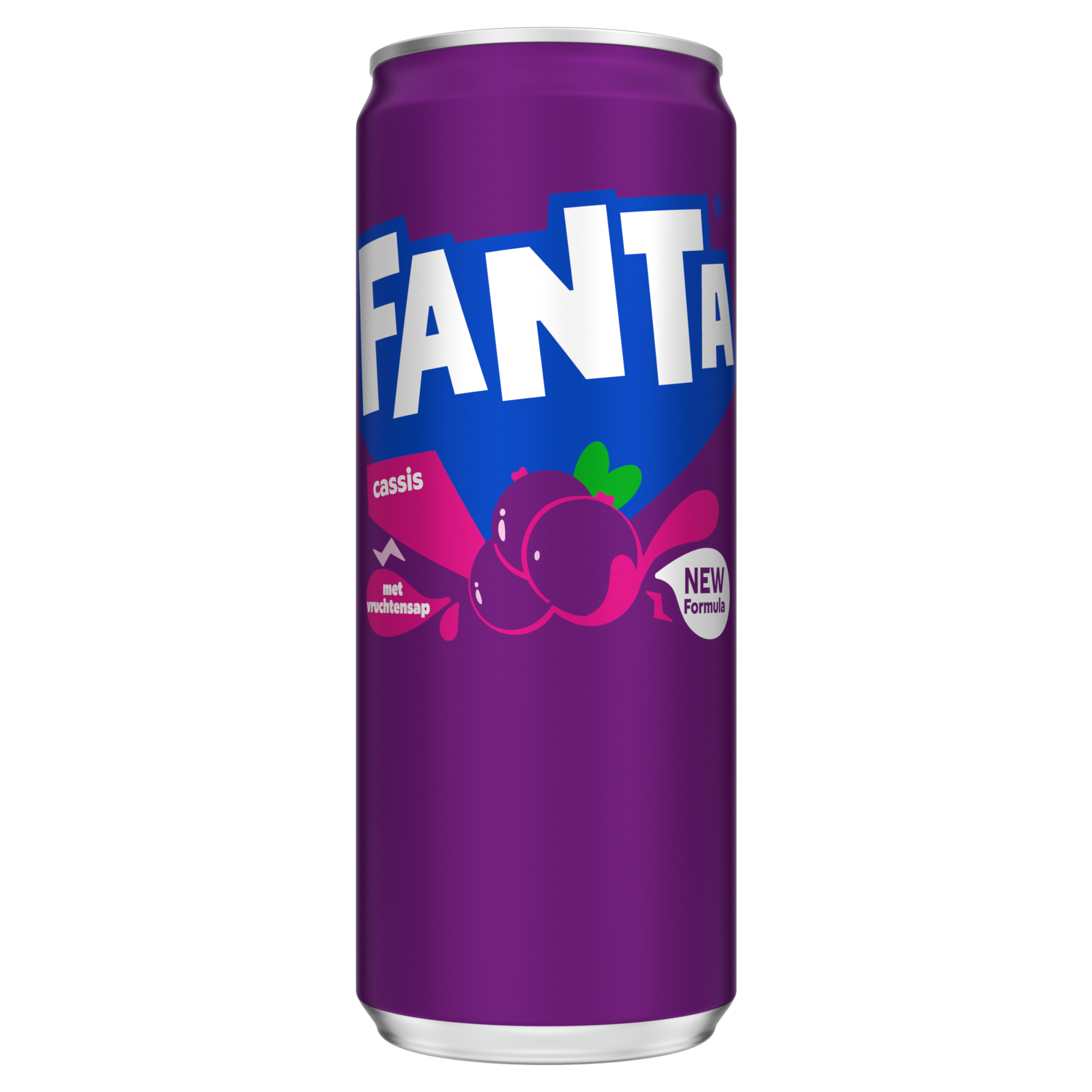 Afbeelding van een paarse blik Fanta Cassis met etiket waarop het Fanta-logo en illustraties van druiven en zwarte bessen te zien zijn.