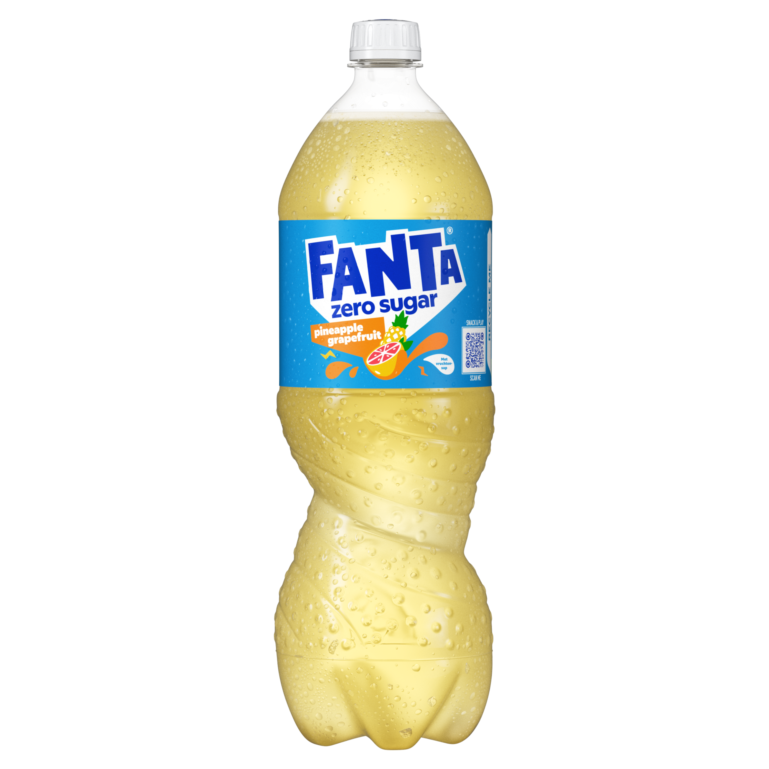 Blikje Fanta Zero Sugar Pineapple Grapefruit, voorzien van een etiket in blauw, wit en roze met de tekst “Fanta zero sugar” en een illustratie van een grapefruit.