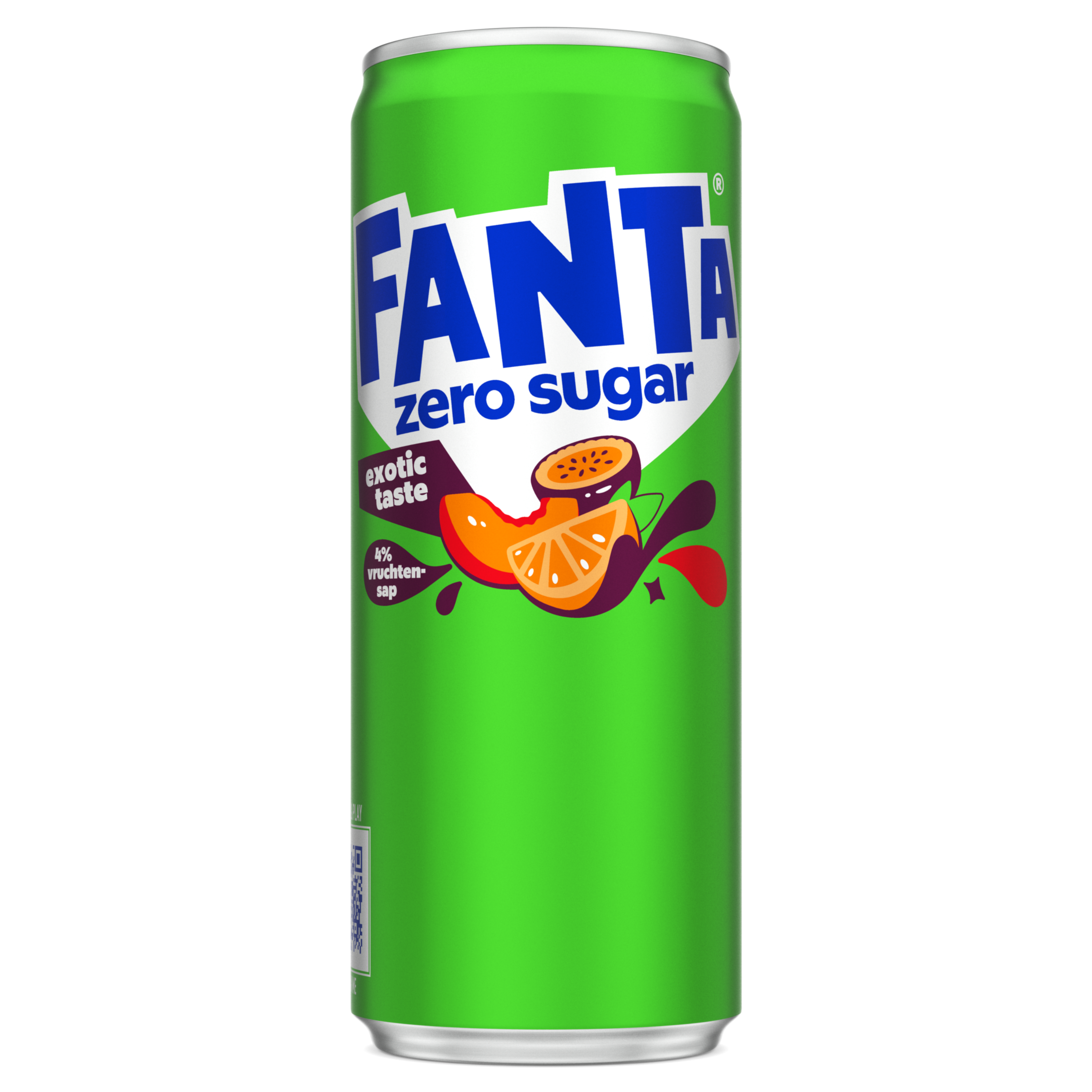 Afbeelding van een blikje Fanta Exotic Taste Zero Sugar frisdrank met sinaasappel- en passievruchtensmaak van 1,5 liter, met een transparante dop en een groen etiket waarop het Fanta-logo, de tekst "zero sugar" en afbeeldingen van een sinaasappelpartje en een passievrucht te zien zijn.