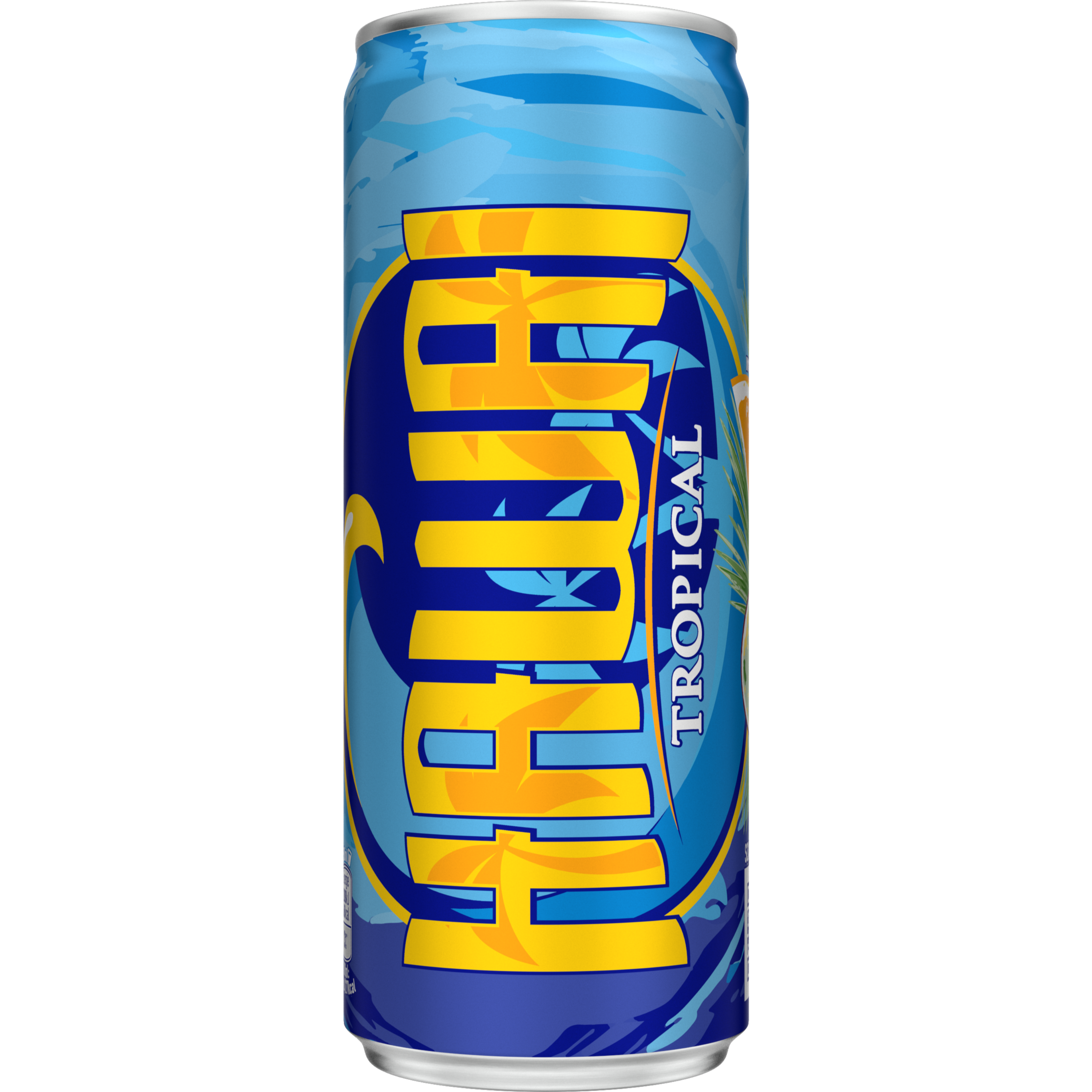 Blauw Powerade‑blikje met opvallend geel en oranje logo, frontaal afgebeeld tegen een lichte achtergrond.