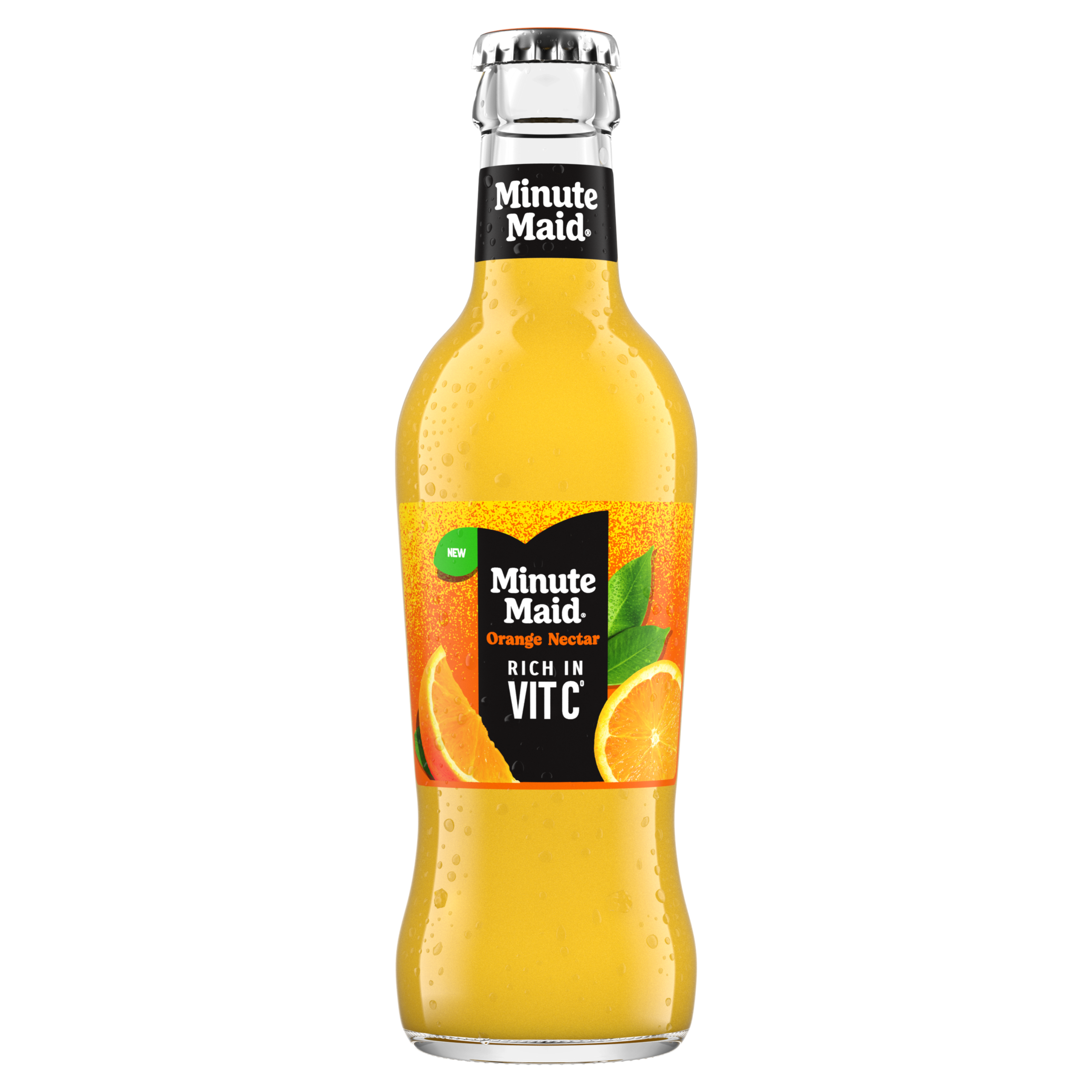 Fles Minute Maid Orange Nectar, rijk aan vitamine C, met sinaasappelafbeeldingen op het etiket tegen een zwarte achtergrond.