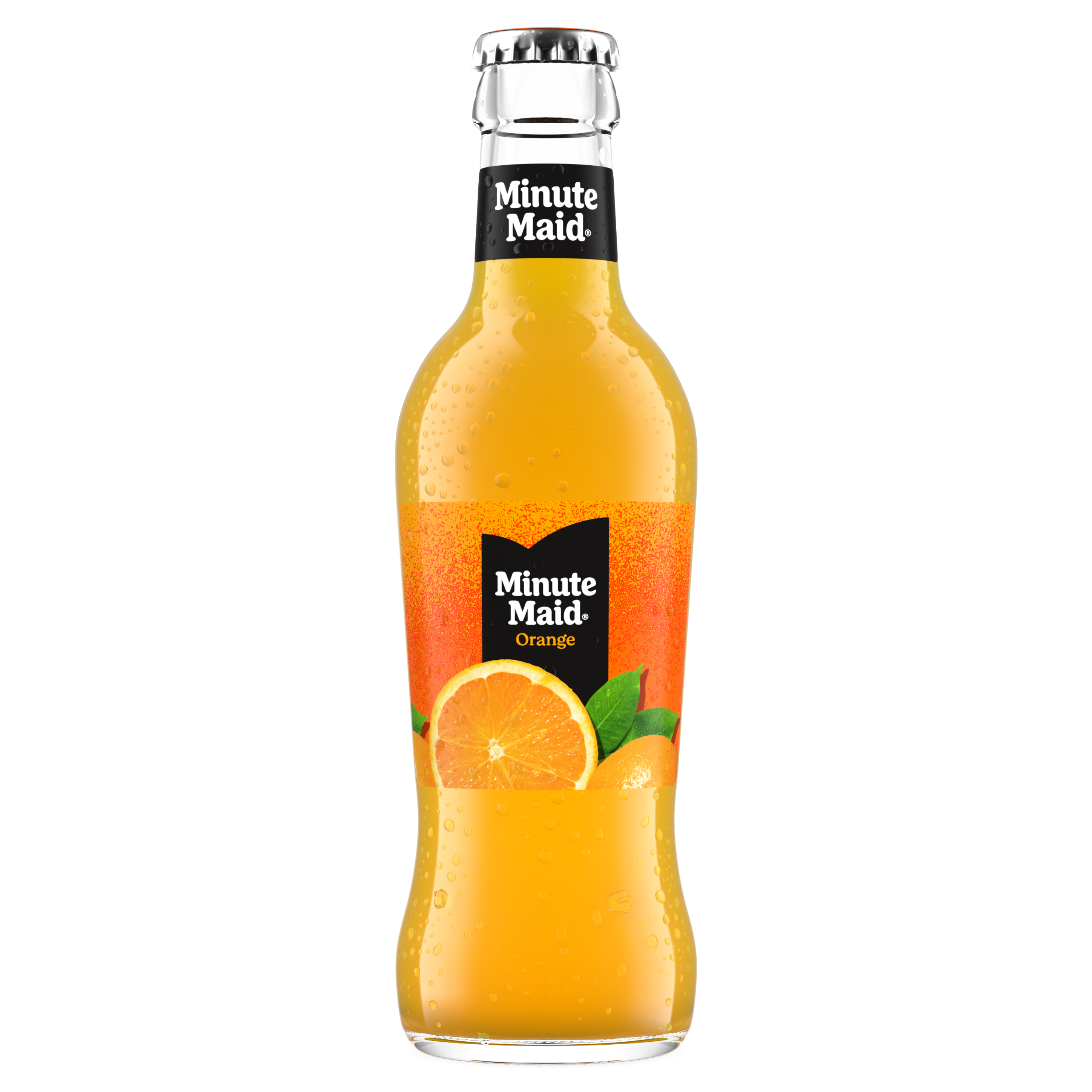 Een fles Minute Maid sinaasappelsap met feloranje inhoud en een zwart etiket met een afbeelding van een sinaasappel en het Minute Maid-logo.