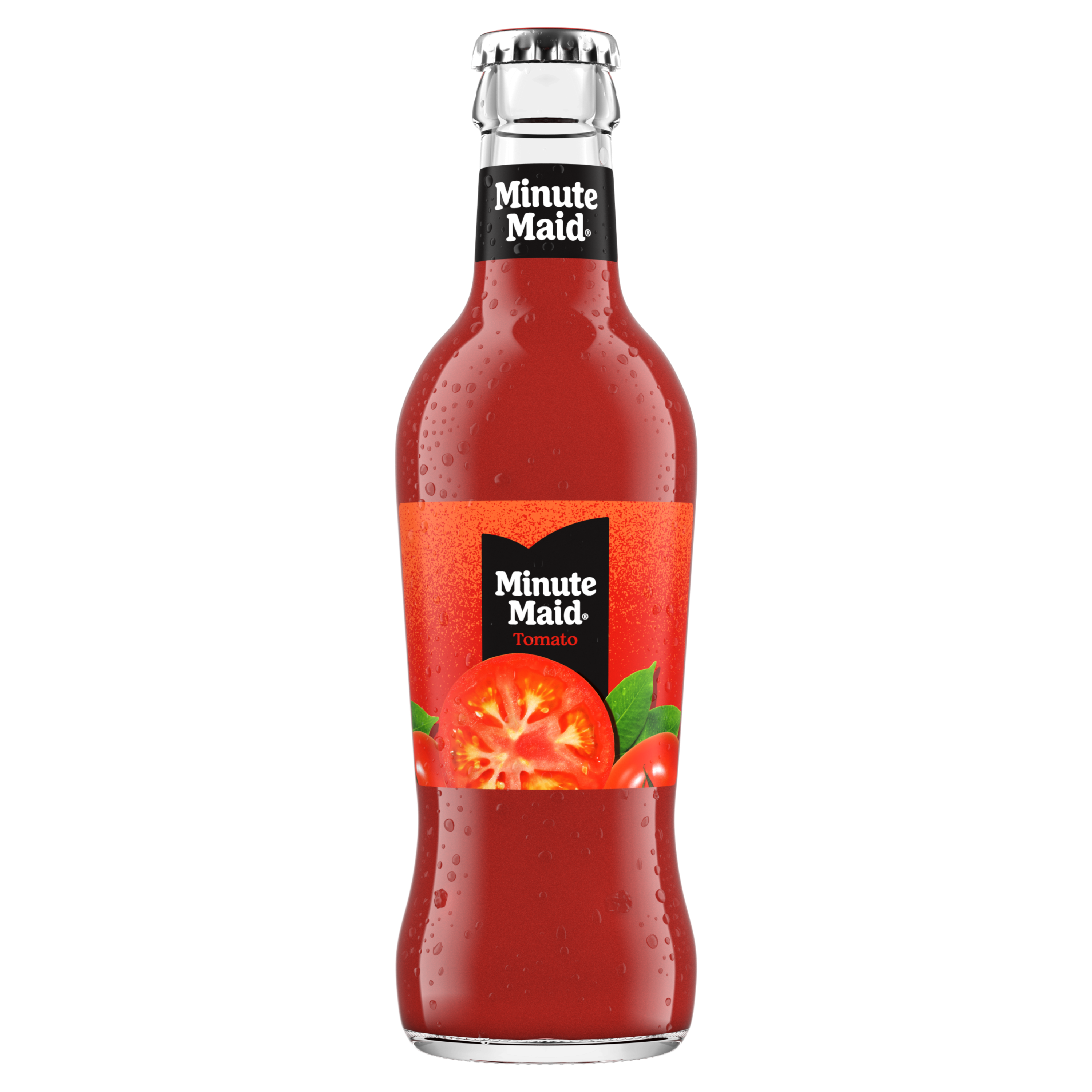 Een fles Minute Maid tomatensap met rode inhoud en een zwart etiket met een afbeelding van een tomaat en het Minute Maid-logo.