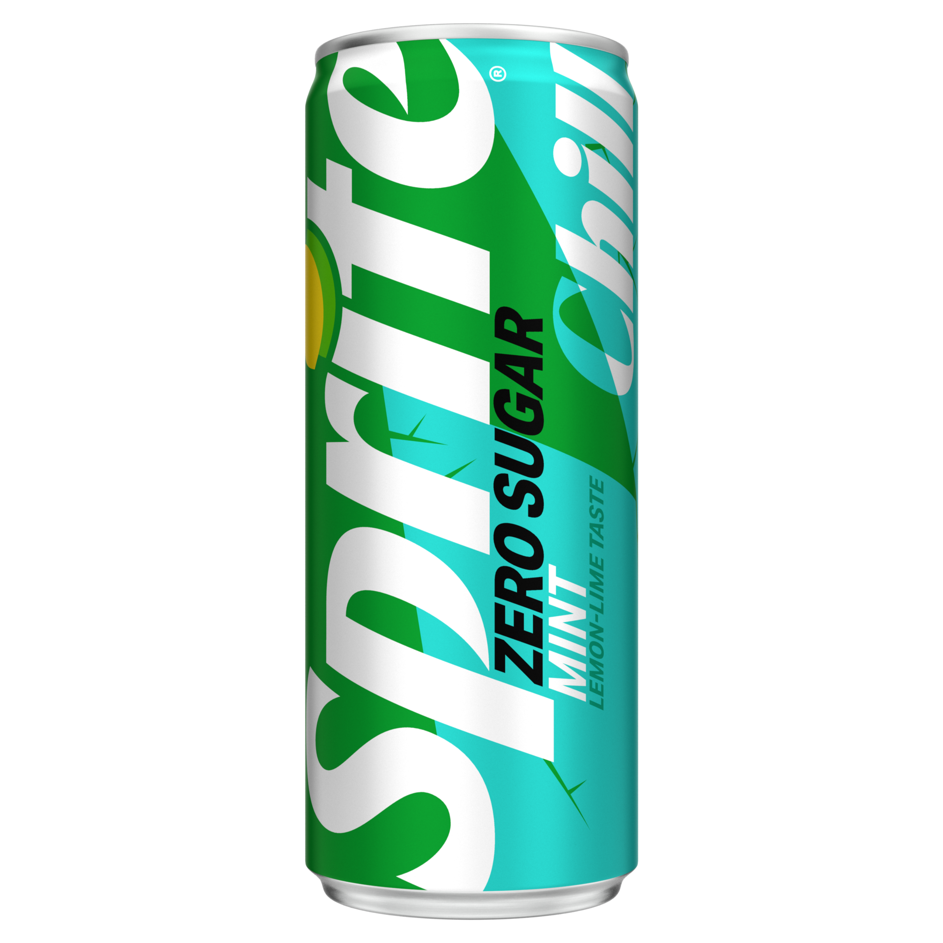 Blikje Sprite Zero Sugar Mint in groen‑turquoise design op een zwarte achtergrond.