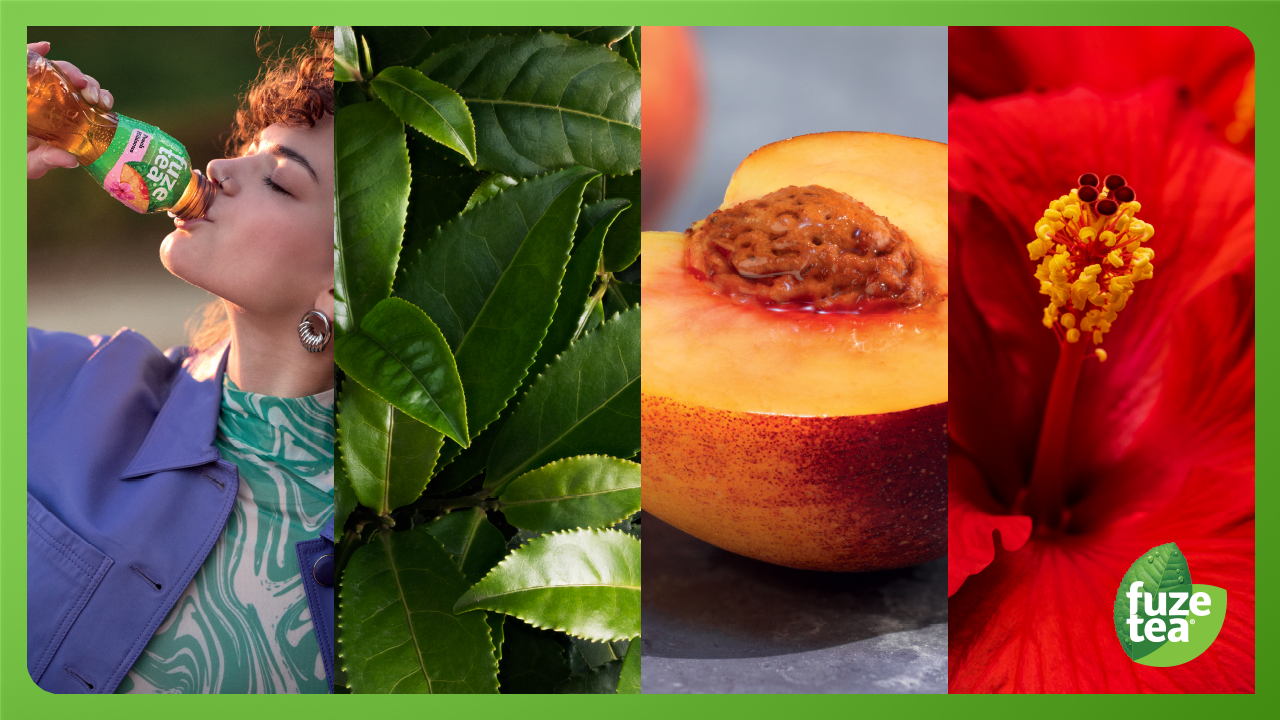 Fuzetea-logoen oppå en annen bakgrunn med flere teblader og fersken i skiver