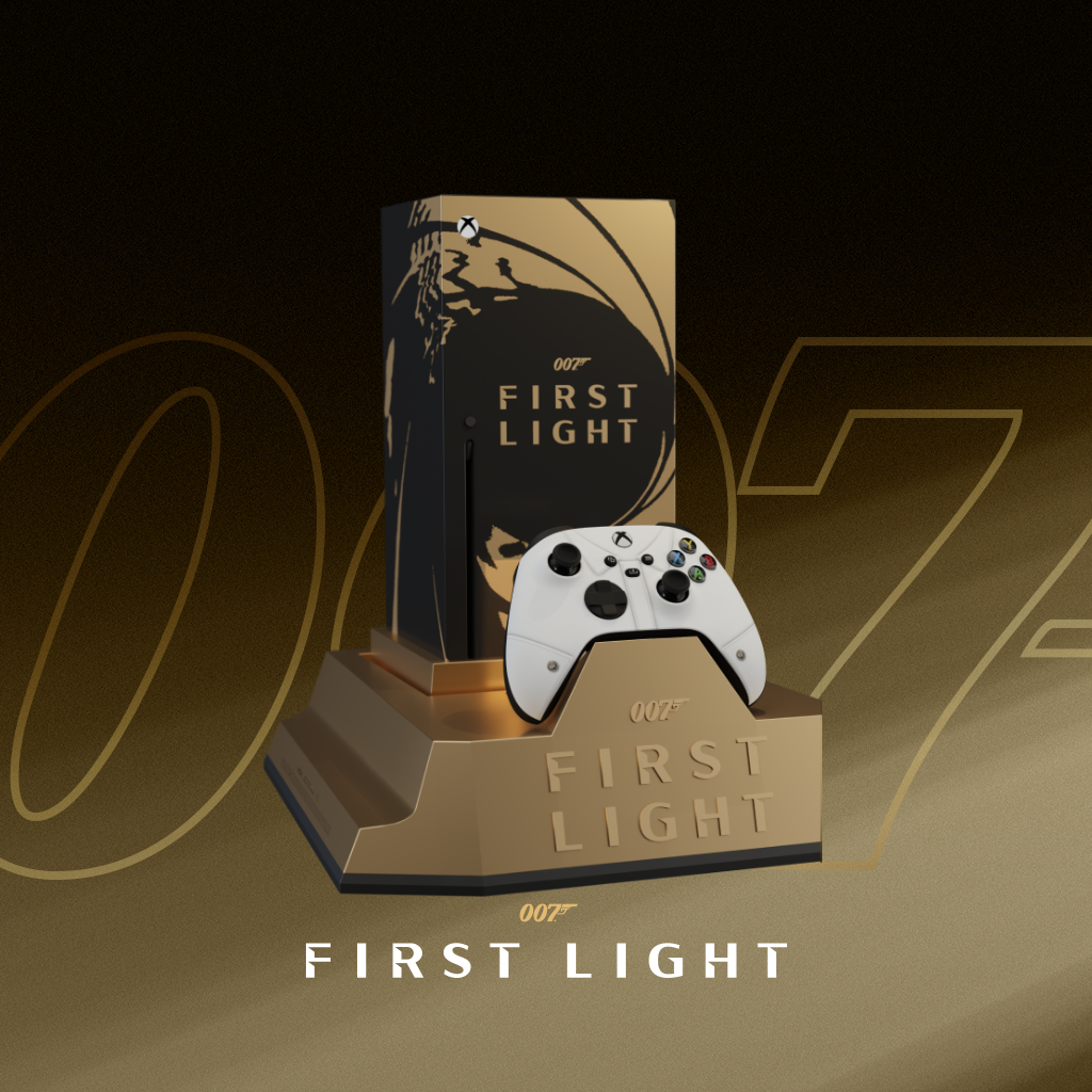 Eksklusiv 007 First Light Xbox konsoll på brun og svart 007 bakgrunn