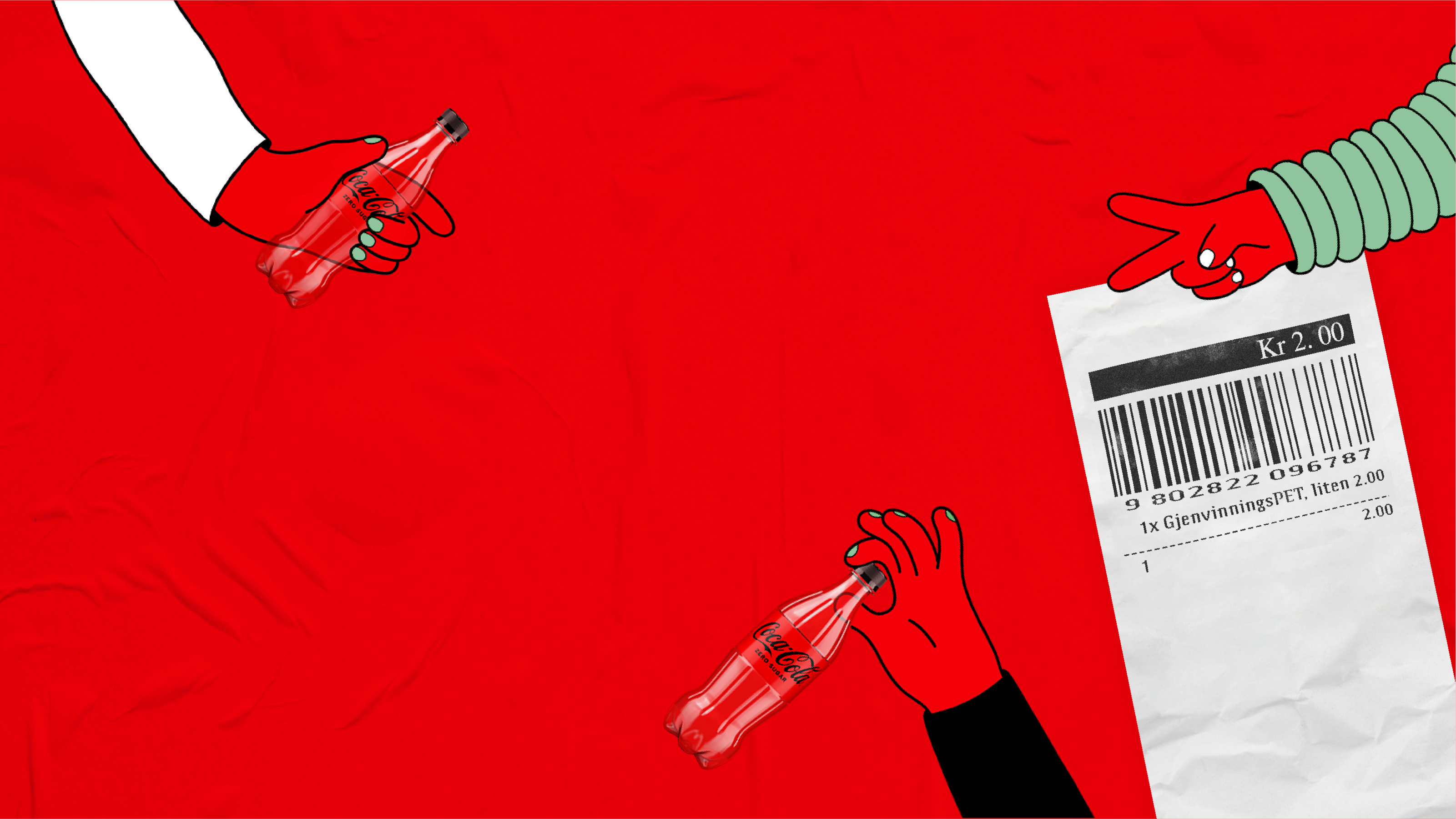 Pant-kvittering, Coca-Cola-flasker og hender på rød bakgrunn