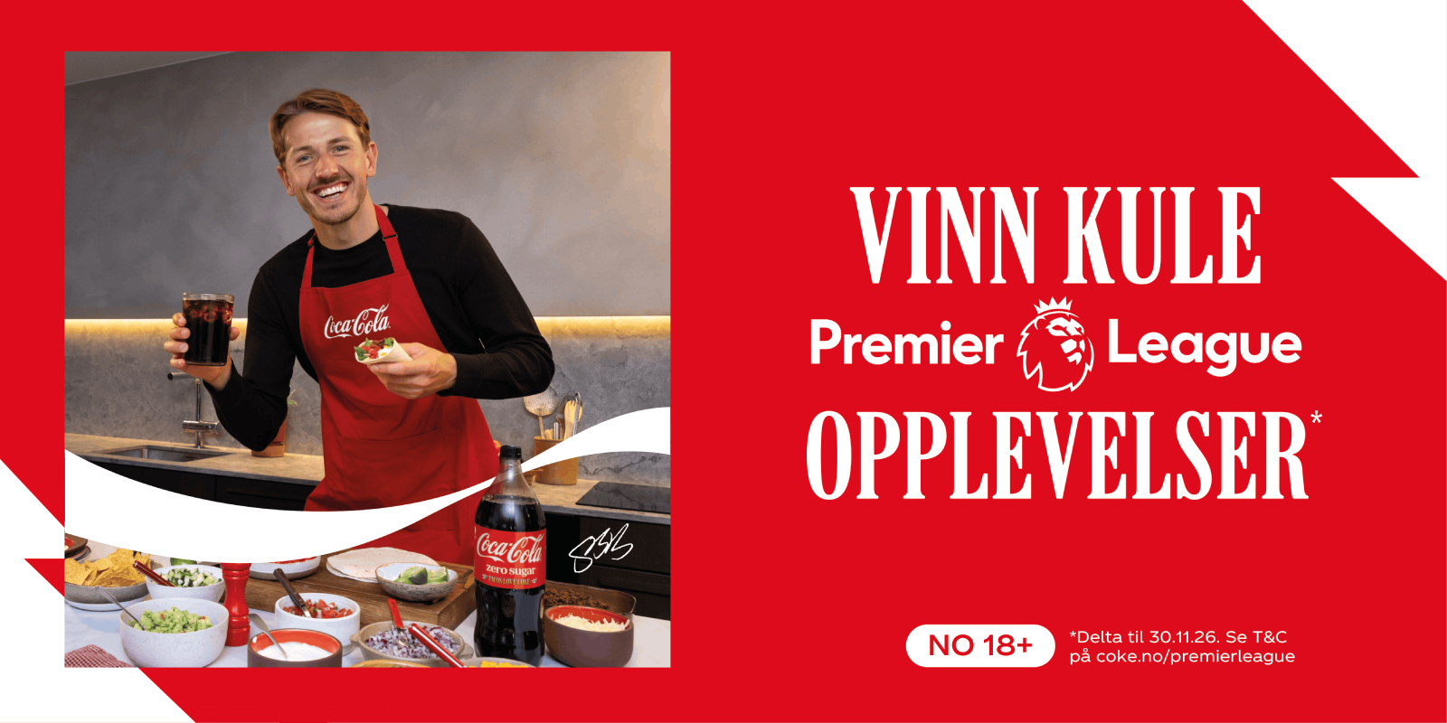 Teksten "Vinn kule Premier League opplevelser" mot mot en rød bakgrunn, med en person til venstre som lager mat