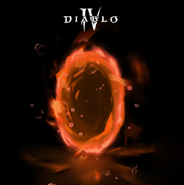 En glødende portal mot en svart bakgrunn, under en Diablo IV-logo
