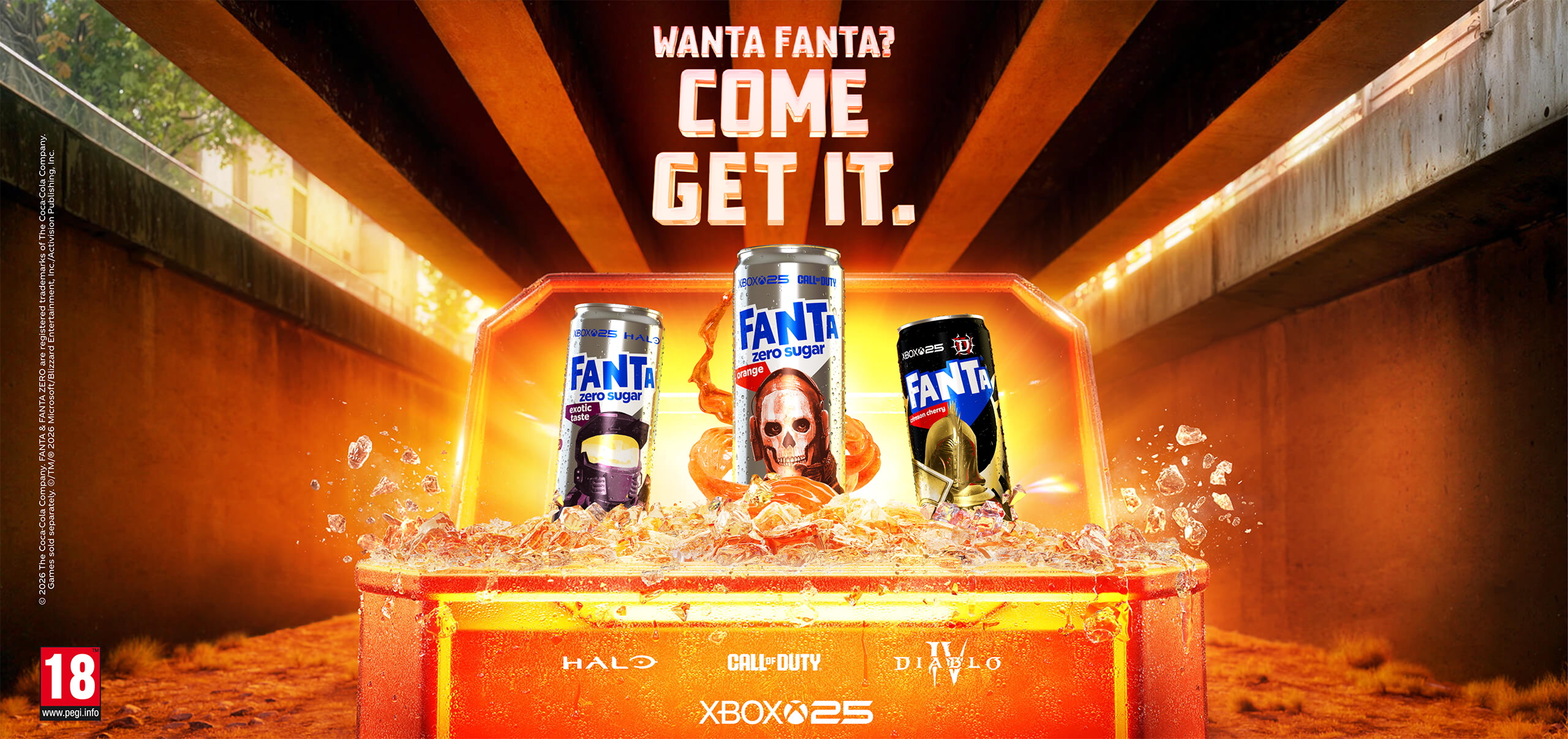 En belønningskiste åpnet seg og avslørte Fanta-bokser med figurer fra Forza Horizon 6, Call of Duty, Diablo IV, Halo og World of Warcraft. Teksten lyder: «Vil du ha Fanta? Kom og hent den.»