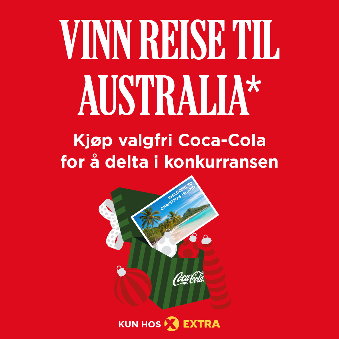 Coca-Cola x Extra juleboks med bilde av tur til Christmas Island