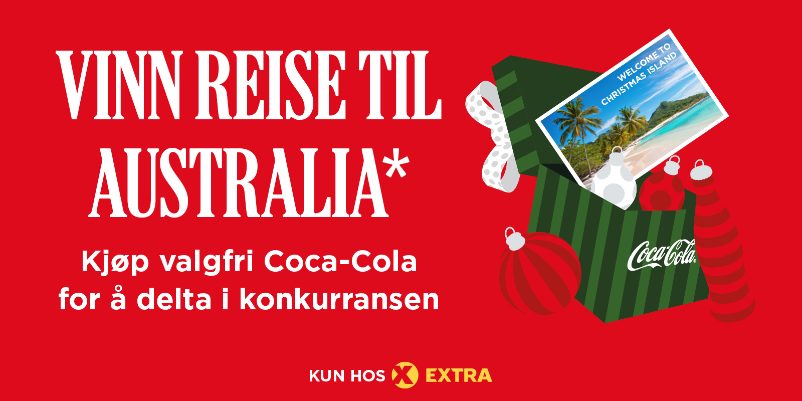 Coca-Cola x Extra juleboks med bilde av tur til Christmas Island