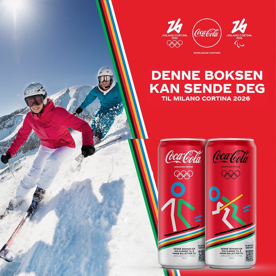 Folk på ski, Coca-Cola-produkter med vinter-OL i Milano Cortina 2026, offisielt partnerskap