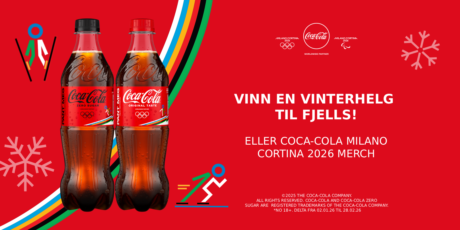 To Coca-Cola-OL-flasker fra Milano Cortina 2026 på rød bakgrunn med vinter-OL-tema
