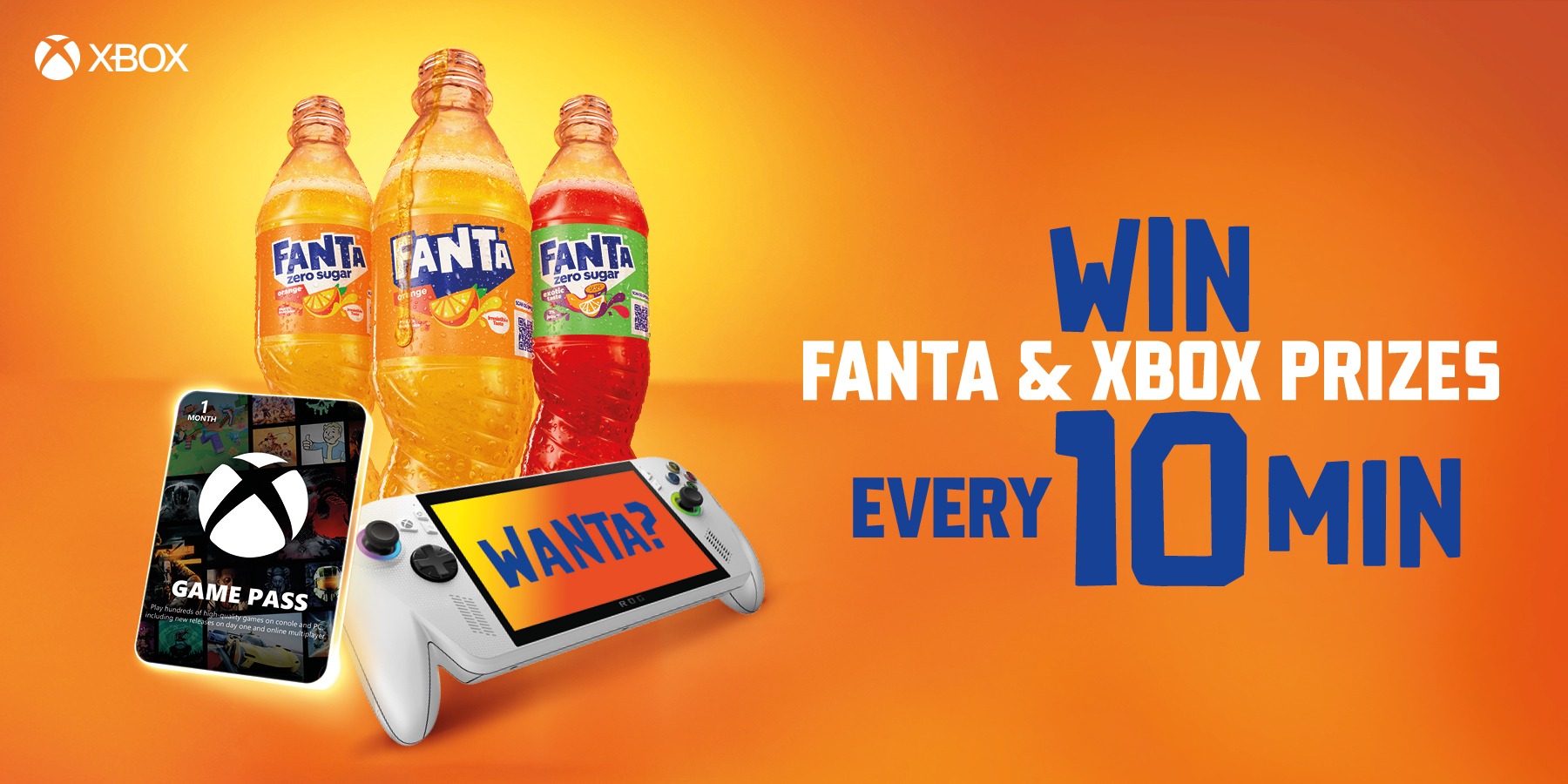 En boks Fanta med tekst som promoterer Xbox-premier som deles ut hvert 10. minutt; oransje og gul bakgrunn med fet skrift.
