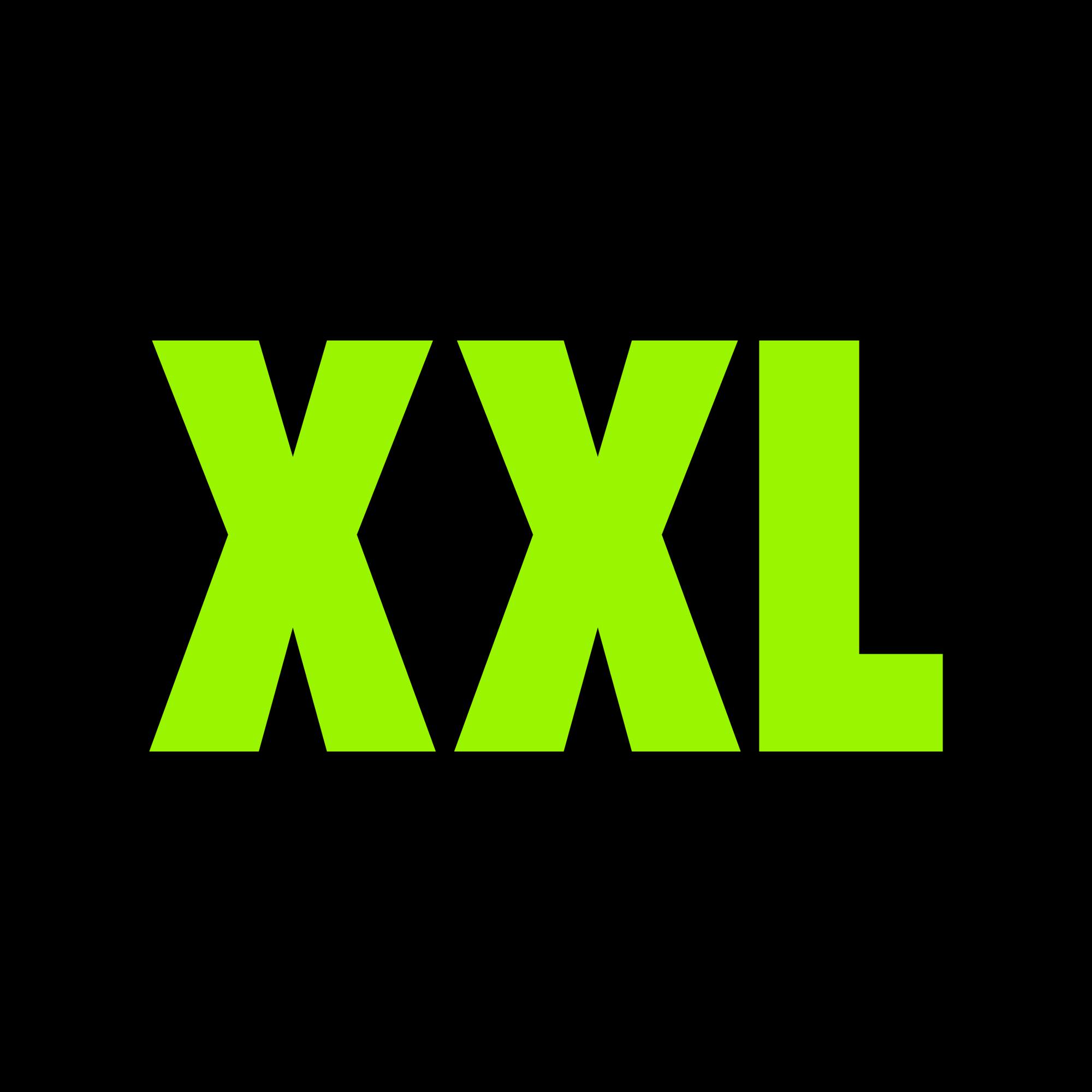 Grønne bokstaver som sier XXL på svart bakgrunn