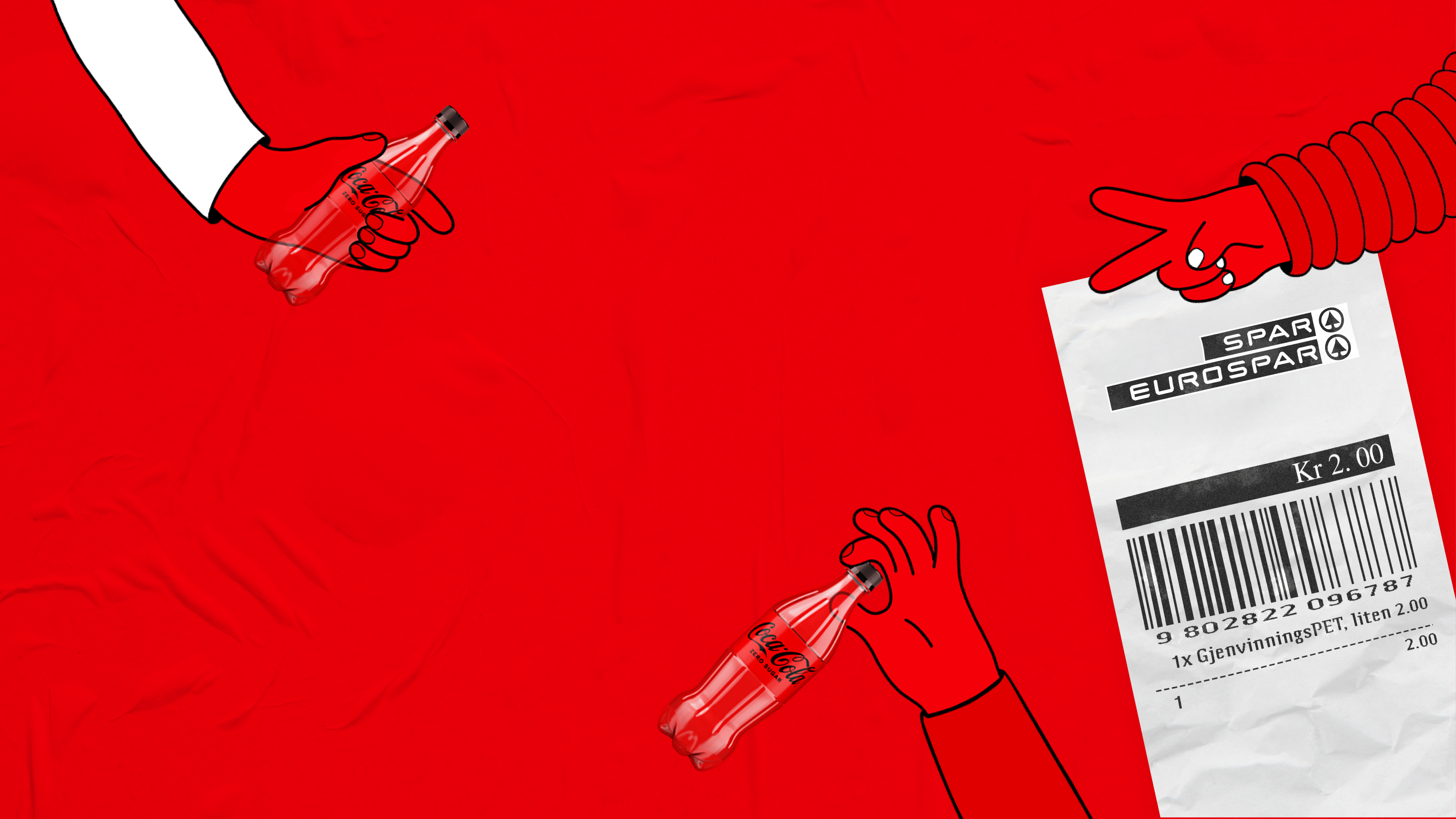 Spar-kvittering, Coca-Cola-flasker og hender på rød bakgrunn