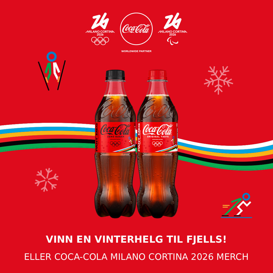 To Coca-Cola-OL-flasker fra Milano Cortina 2026 på rød bakgrunn med vinter-OL-tema