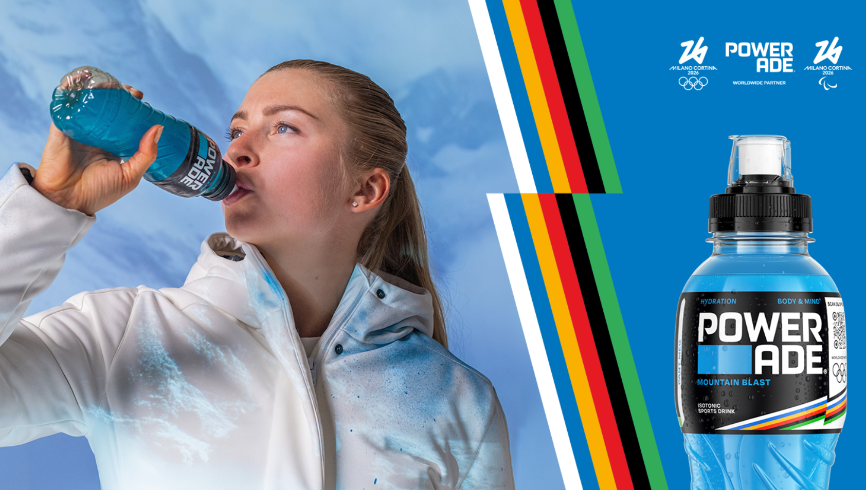 Ingrid Landmark Tandrevold drikker Powerade på blå bakgrunn med Coca-Cola og OL-logoer