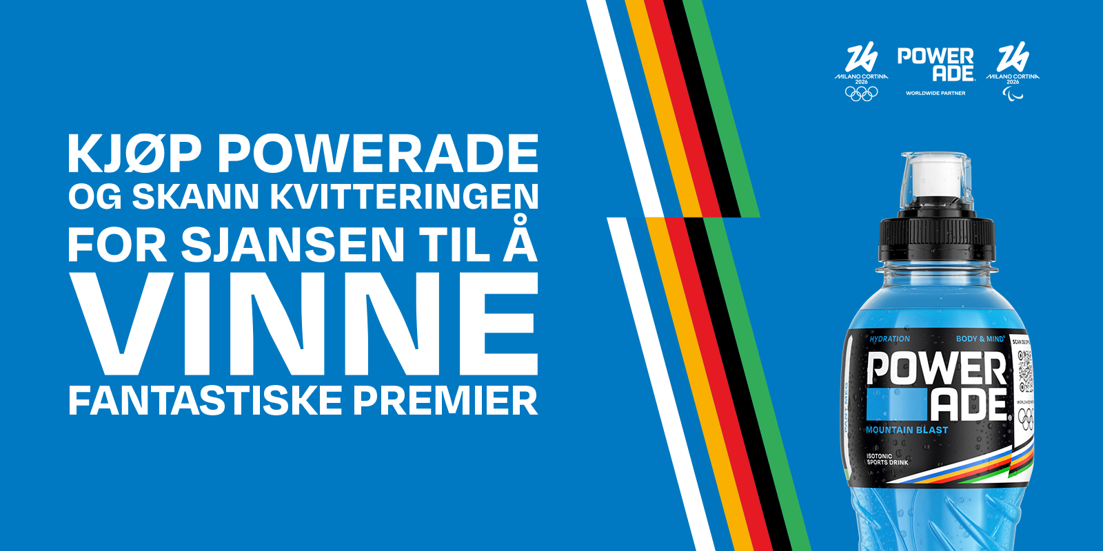Powerade-flaske på blå bakgrunn med Coca-Cola og OL-logoer