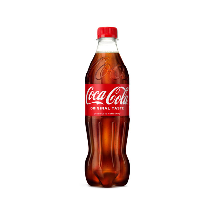 En plastflaske med Coca-Cola, orginalversjonen.