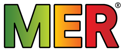 MER-logoen stor type, grønn M, oransje E og rød R