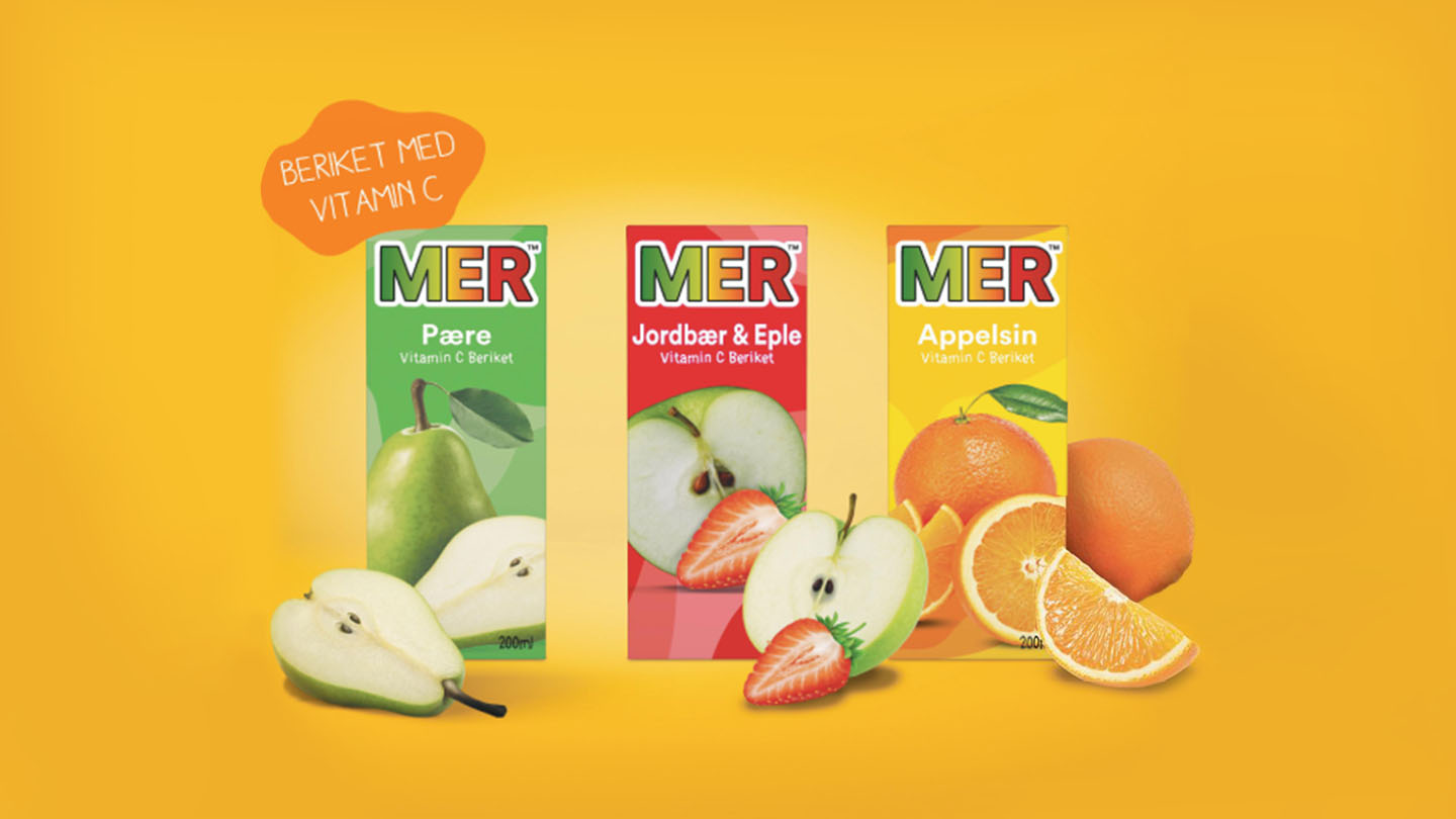 Her er et bilde av 3 typer MER: pæresmak, eple og jordbærsmak og appelsinsmak